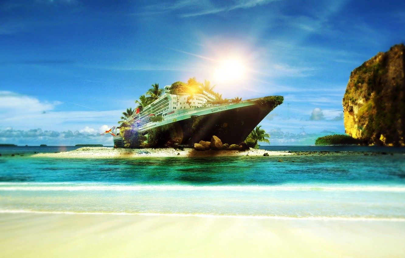 Wallpaper beach, tropics, the ocean, shore, Queen Mary sunlight, Cruise ship image for desktop, section ситуации