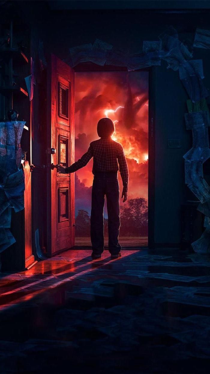 Will Byers Opening The Door To The Upside Down Aesthetic Stranger Things Wallpaper Red Sky. Stranger Things Wallpaper, Stranger Things Art, Stranger Things