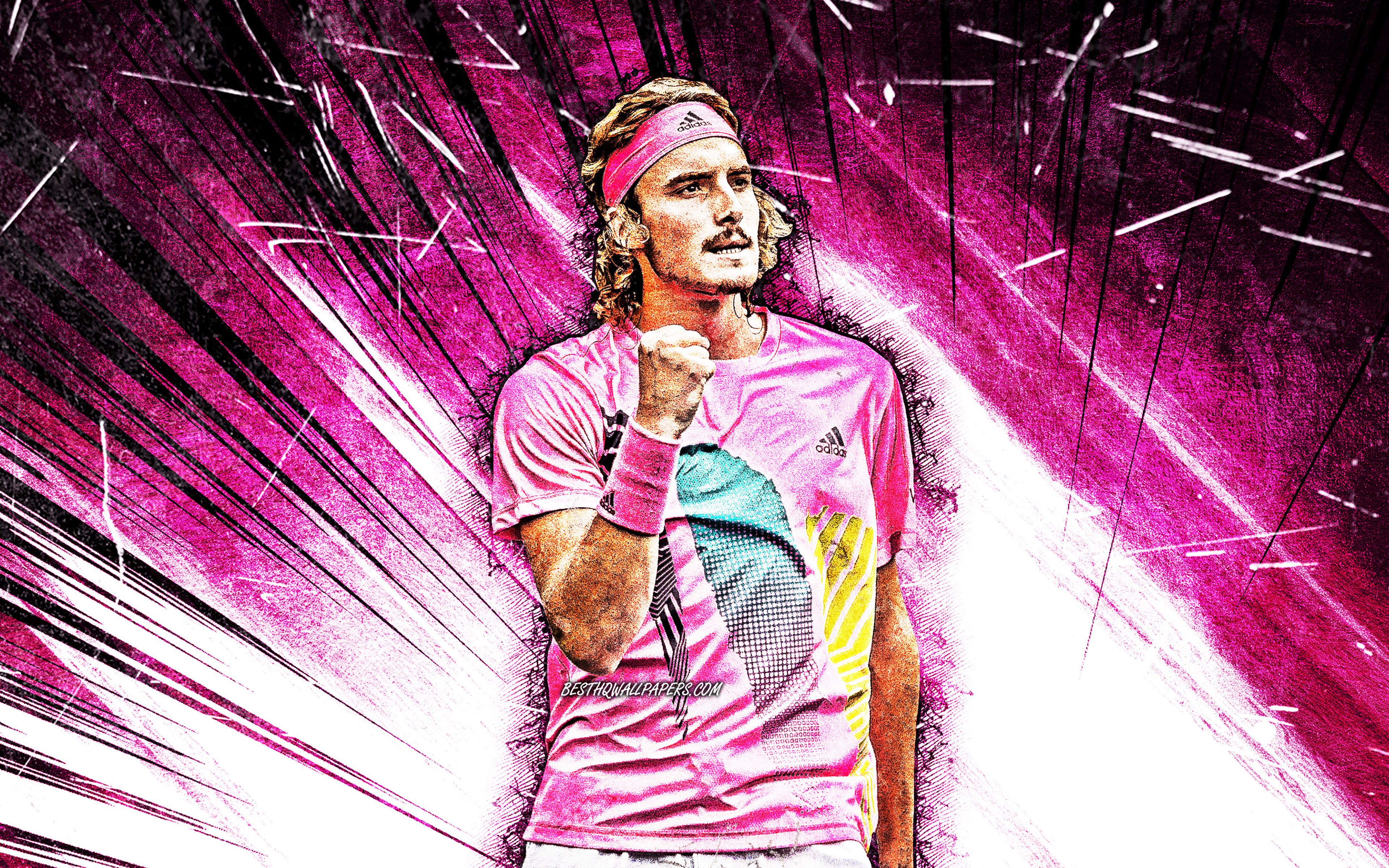Download wallpaper 4k, Stefanos Tsitsipas, ATP, grunge art, greek tennis players, purple abstract rays, Tsitsipas, fan art, Stefanos Tsitsipas 4K for desktop with resolution 3840x2400. High Quality HD picture wallpaper