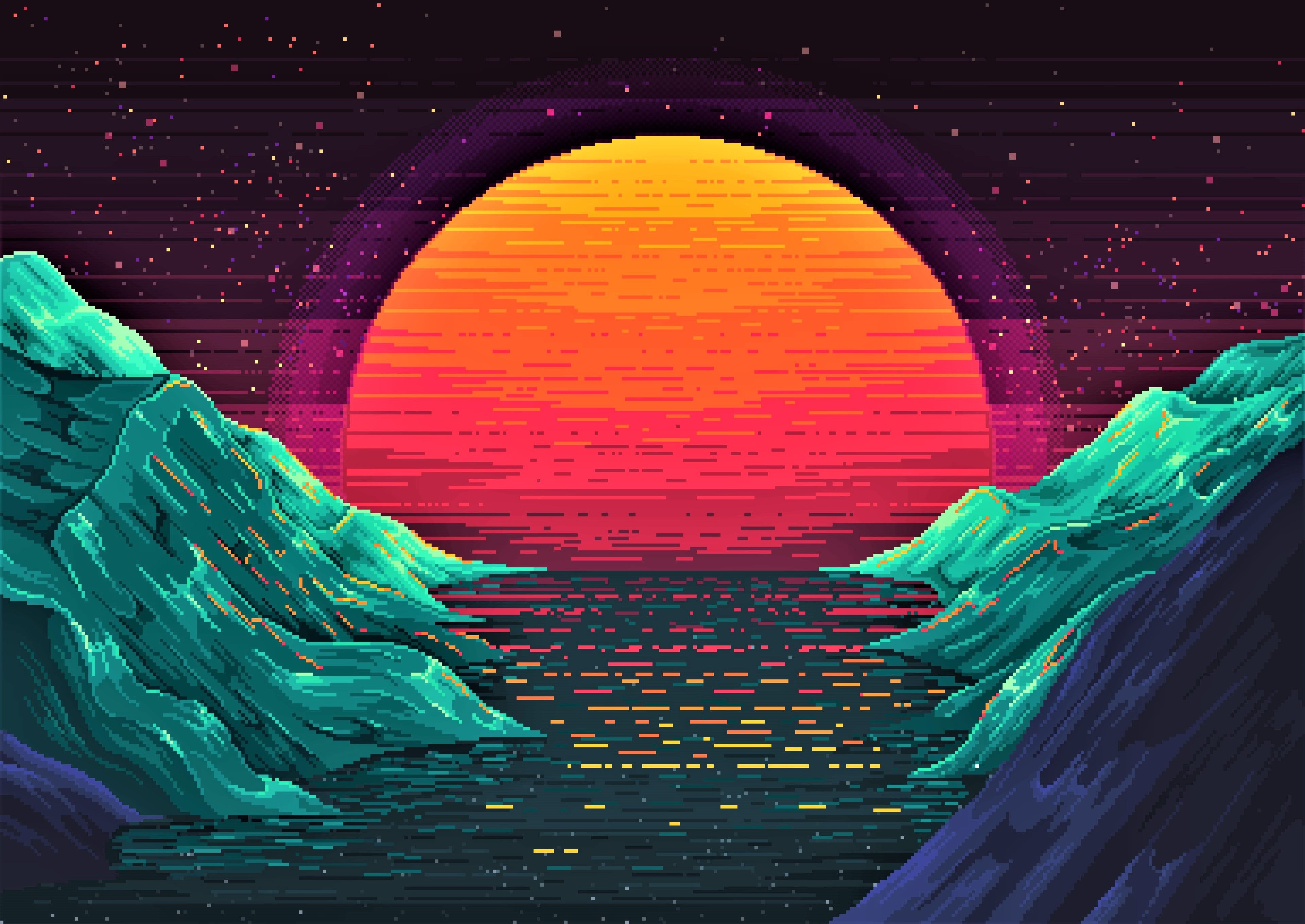 Sun, Artistic, Ocean, Retro Wave, Landscape, Pixel Art, Mountain wallpaper