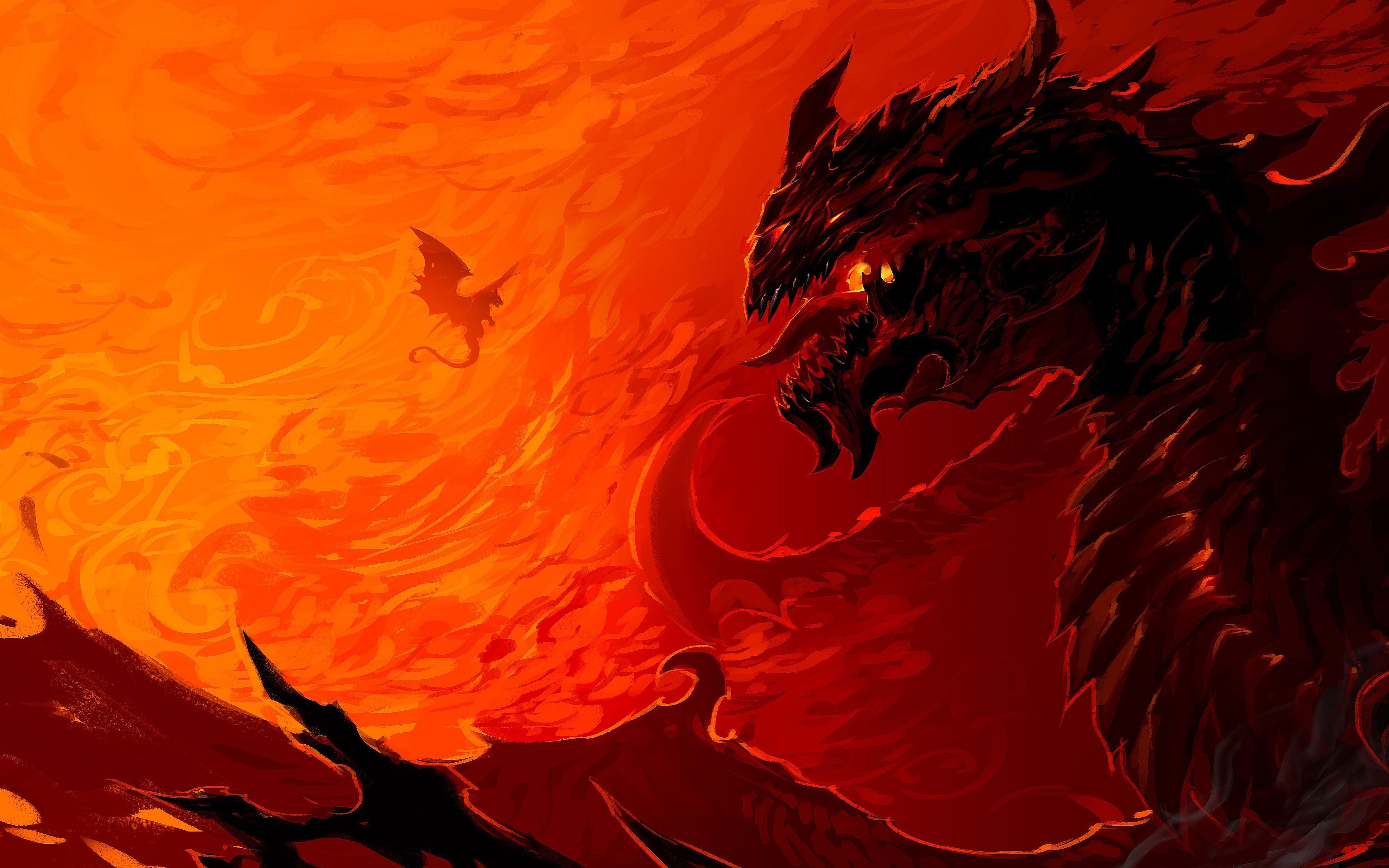 Download wallpaper 4k, dragon, art, monster, fire flames, cliffs, fire, dragons for desktop with resolution 3840x2400. High Quality HD picture wallpaper