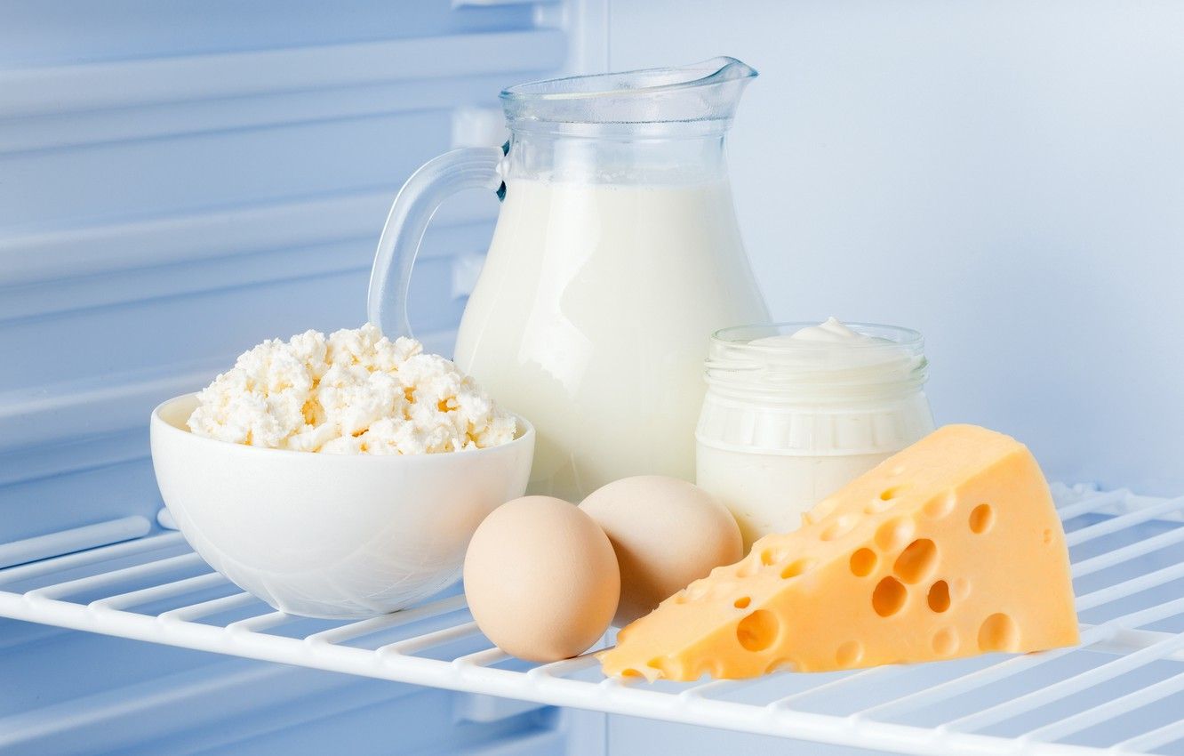 Wallpaper eggs, cheese, milk, refrigerator, Cup, Bank, shelf, pitcher, cheese, sour cream, dairy products image for desktop, section еда