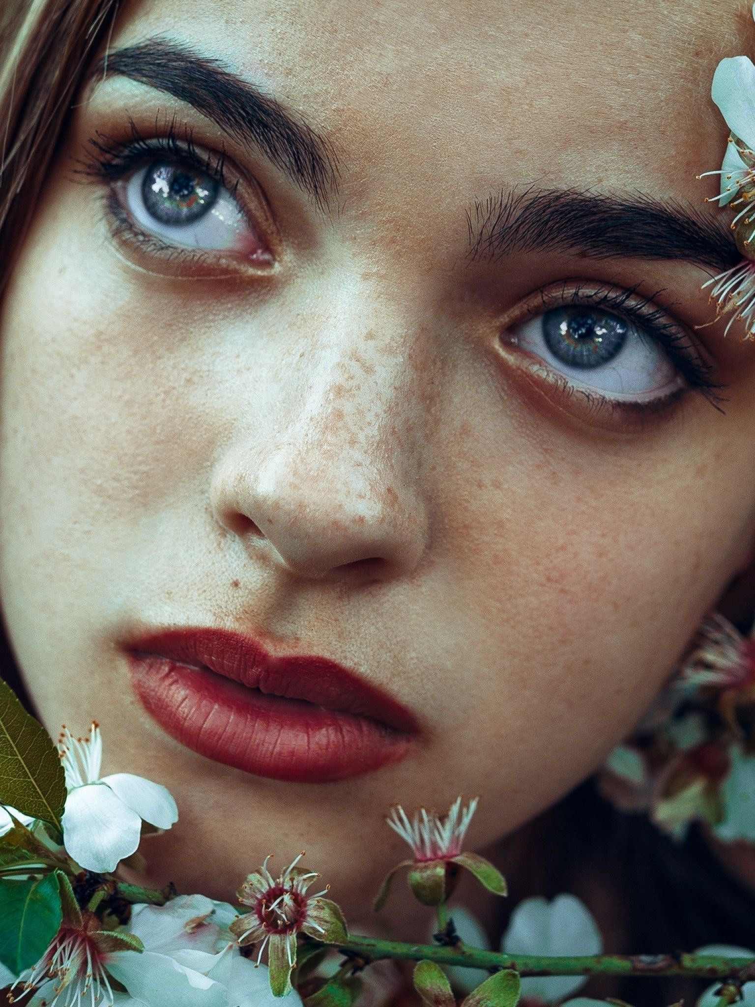 Download 1536x2048 Brunette, Blue Eyes, Red Lipstick, Freckles, Flowers, Model, Women Wallpaper for Apple iPad Mini, Apple IPad 3, 4