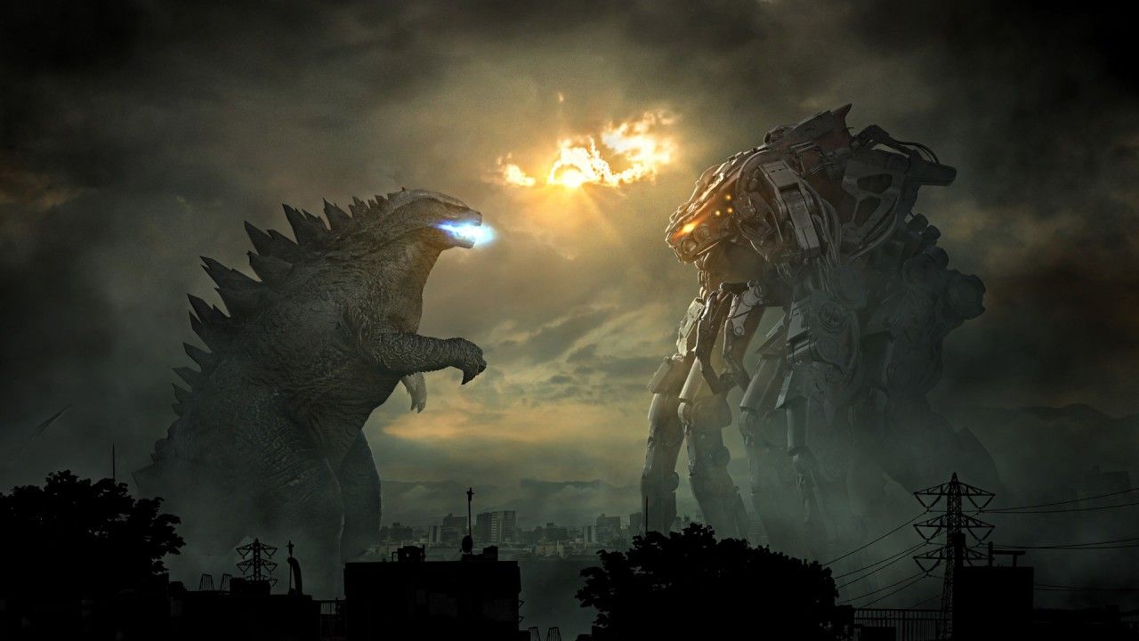 Godzilla Versus Robot With Background Of Sunrise And Cloudy Sky HD Movies Wallpaper