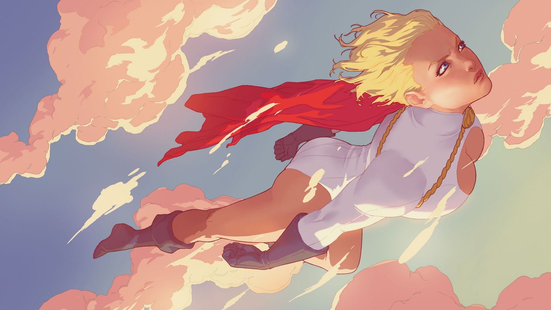 Wallpaper, illustration, anime, sky, clouds, gloves, flying, cape, DC Comics, boots, comics, Power Girl, flower 1920x1080