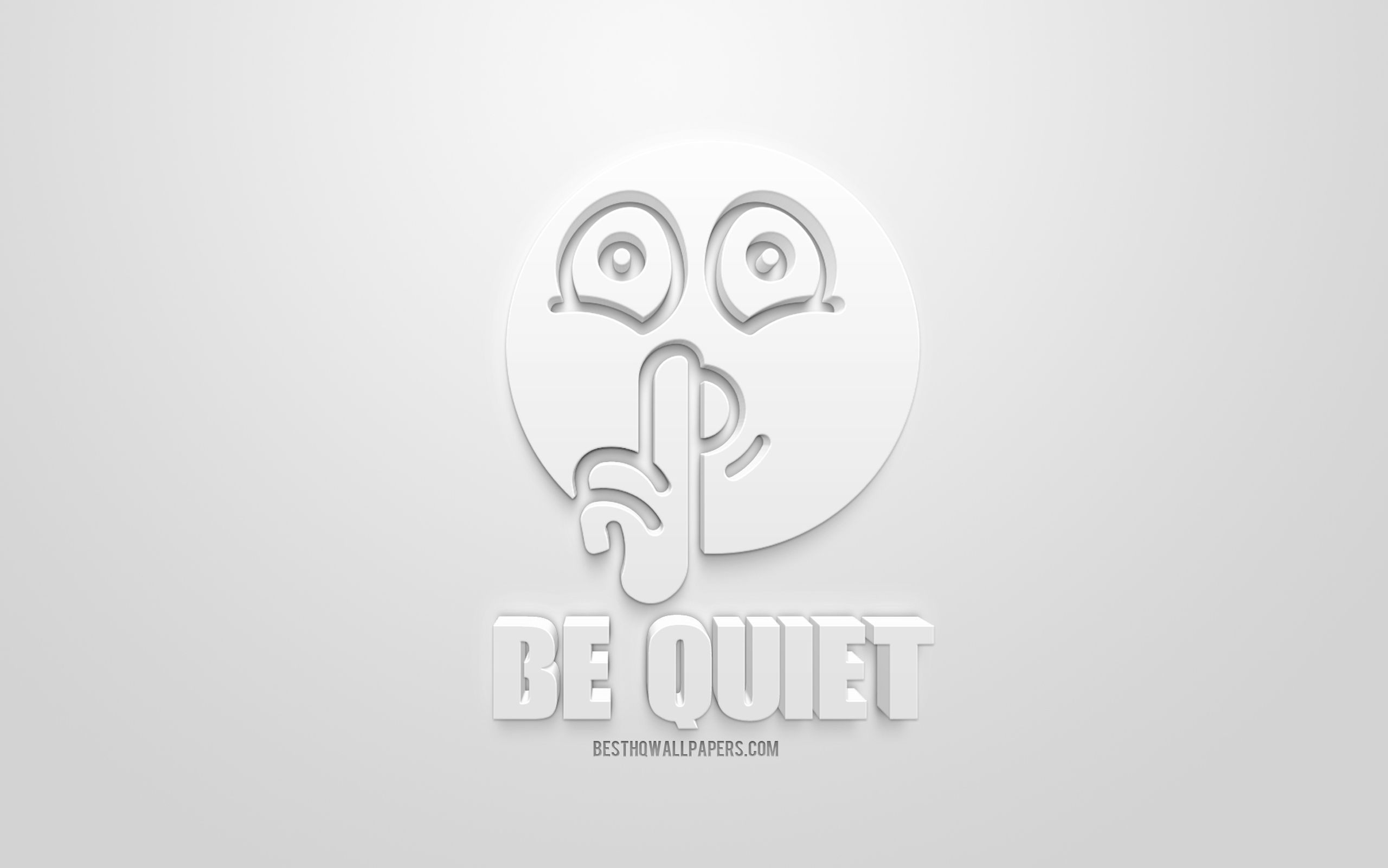Download wallpaper Be quiet, white 3D icon, white background, creative 3D art, be quiet concepts, silence concepts, 3D characters for desktop with resolution 2560x1600. High Quality HD picture wallpaper