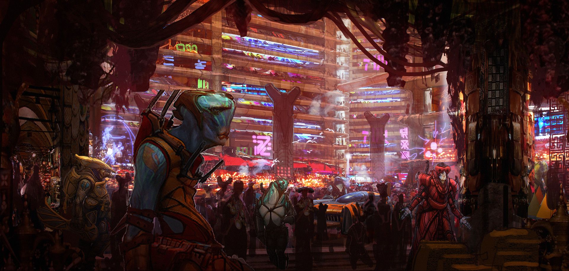 Wallpaper, 1920x917 px, aliens, Ben Mauro, Big Market, colorful, concept cars, crowds, science fiction, Valerian and the City of a Thousand Planets 1920x917