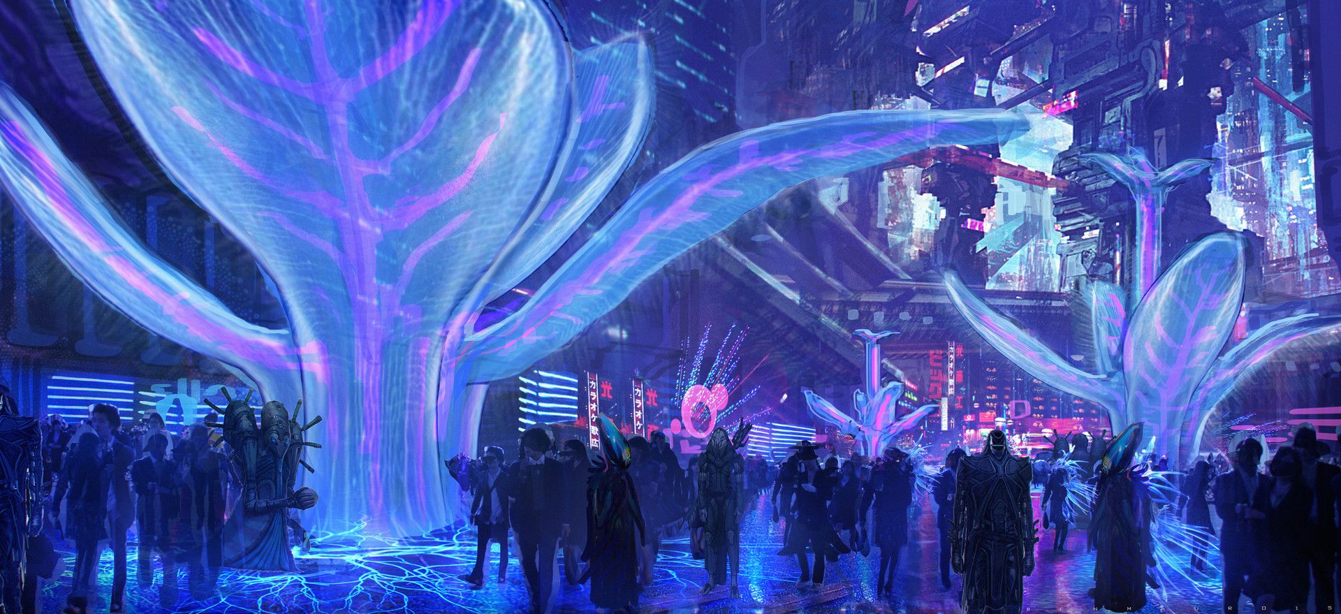 Wallpaper, 1920x879 px, aliens, Ben Mauro, Big Market, concept cars, crowds, plants, science fiction, Valerian and the City of a Thousand Planets 1920x879