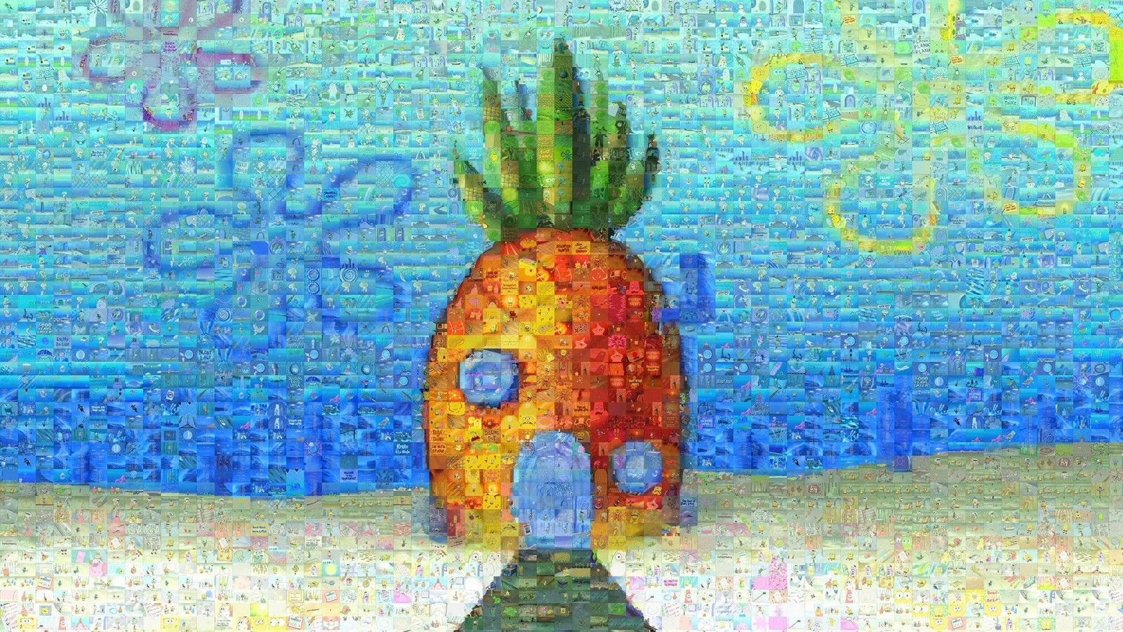 Wallpaper, painting, collage, cartoon, pineapples, SpongeBob SquarePants, pineapple, ART, tree, plant, fauna, 1920x1080 px, organism, child art 1920x1080