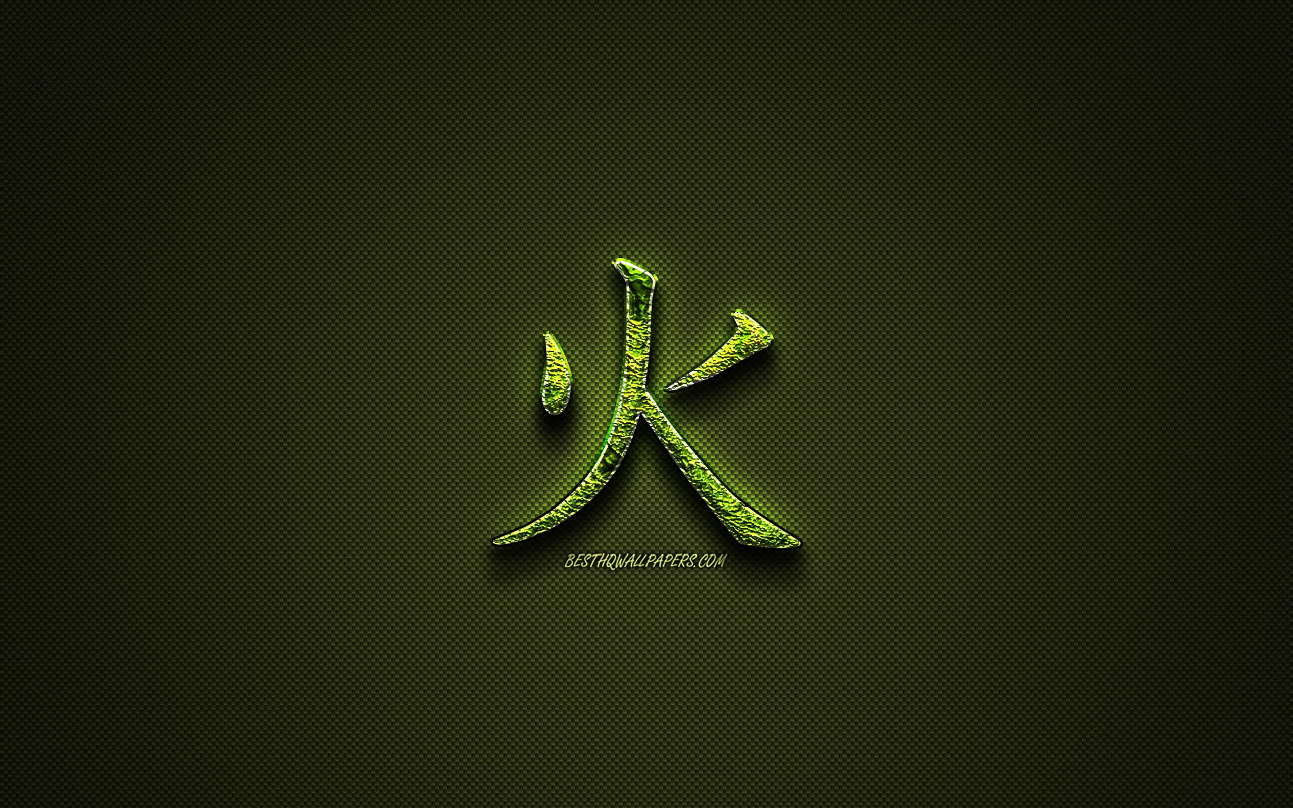 Download wallpaper Fire Kanji hieroglyph, green floral symbols, Fire Japanese Symbol, japanese hieroglyphs, Kanji, Japanese Symbol for Fire, grass symbols, Fire Japanese character for desktop with resolution 2560x1600. High Quality HD picture