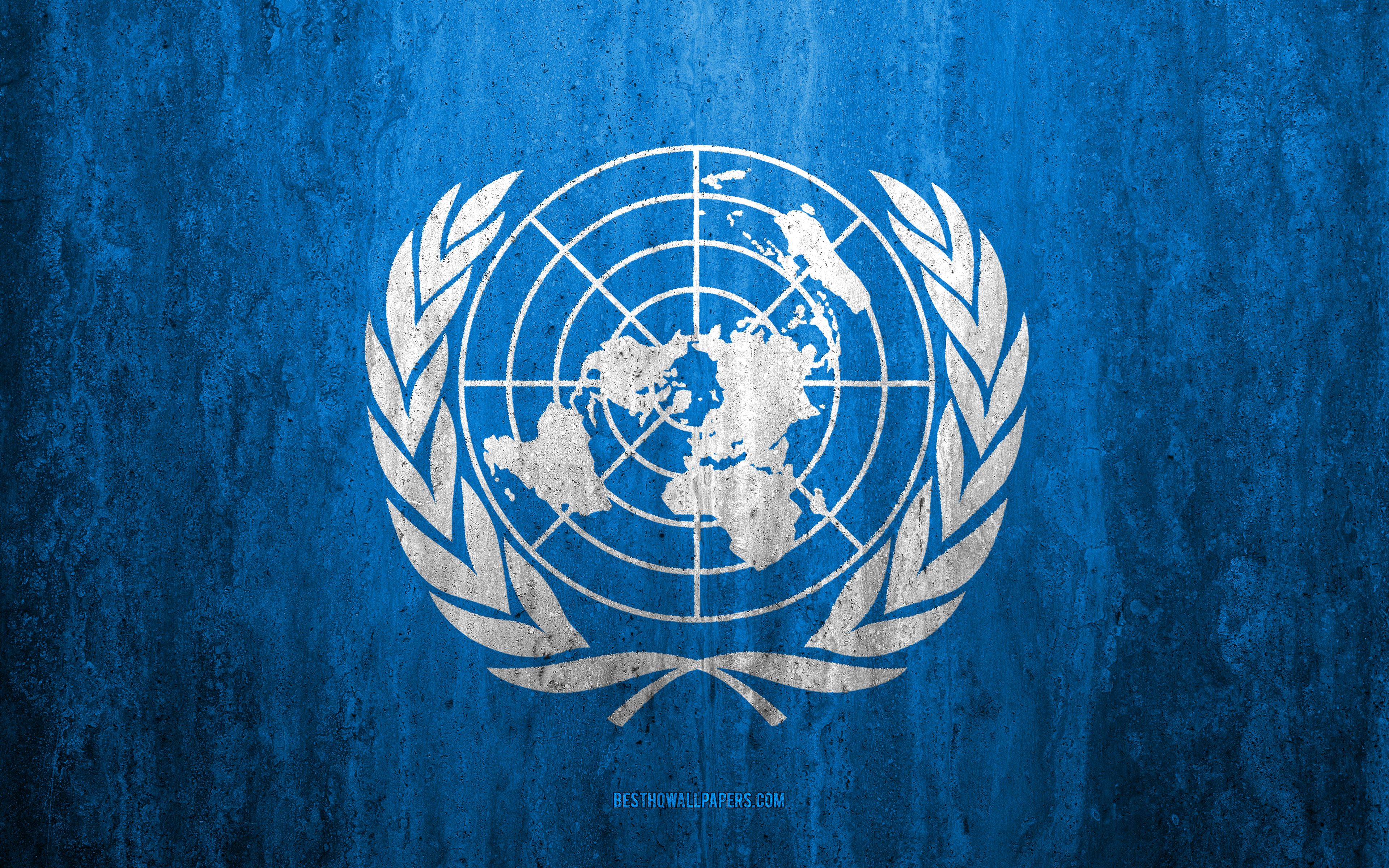 Download wallpaper Flag of United Nations, 4k, stone background, grunge flag, international organizations, UN flag, grunge art, symbols, United Nations, stone texture for desktop with resolution 3840x2400. High Quality HD picture wallpaper