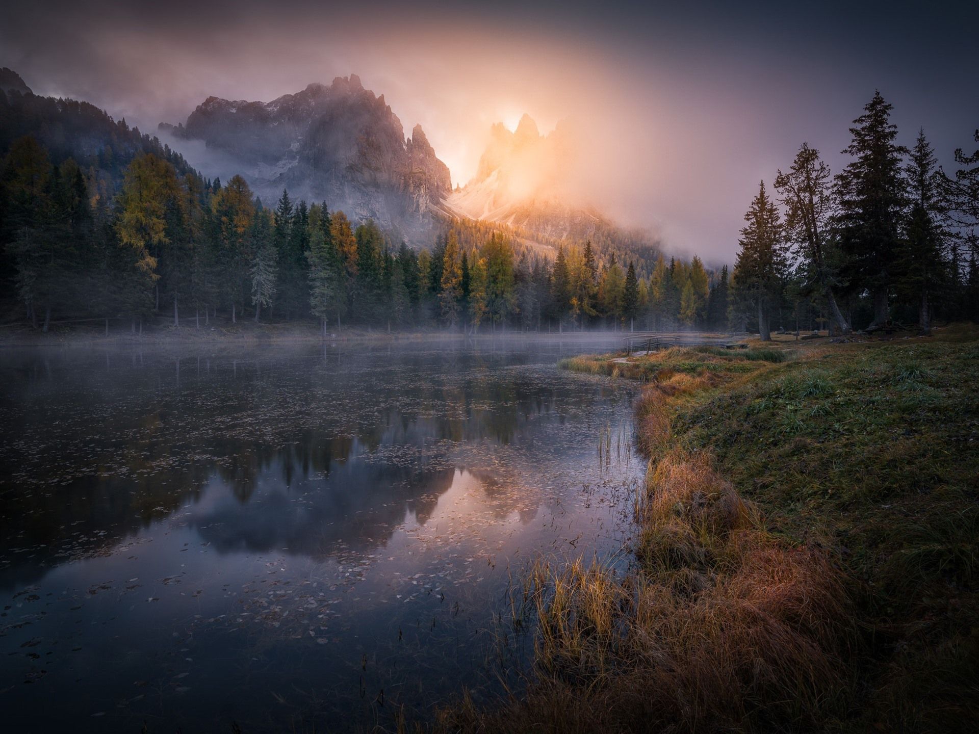 Wallpaper Mountains, trees, fog, sunrise, river, morning 1920x1440 HD Picture, Image