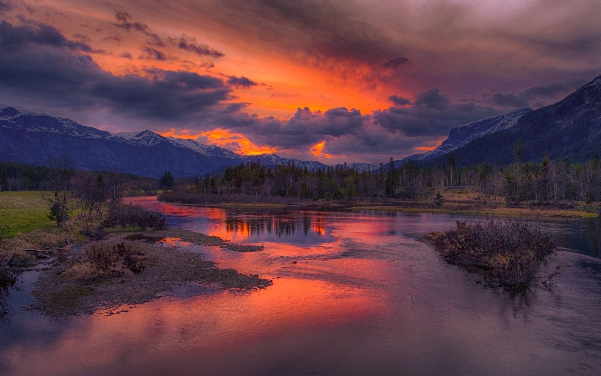 nature, Landscape, Sunrise, River, Mountain, Clouds, Snowy Peak, Forest Wallpaper HD / Desktop and Mobile Background