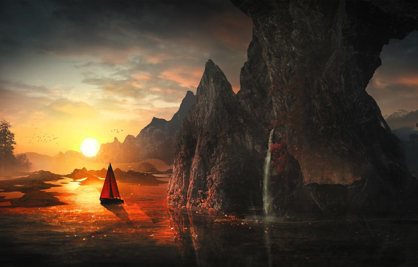Wallpaper water, the sun, light, mountains, river, sunrise, fantasy, rocks, boat, art, sail image for desktop, section живопись