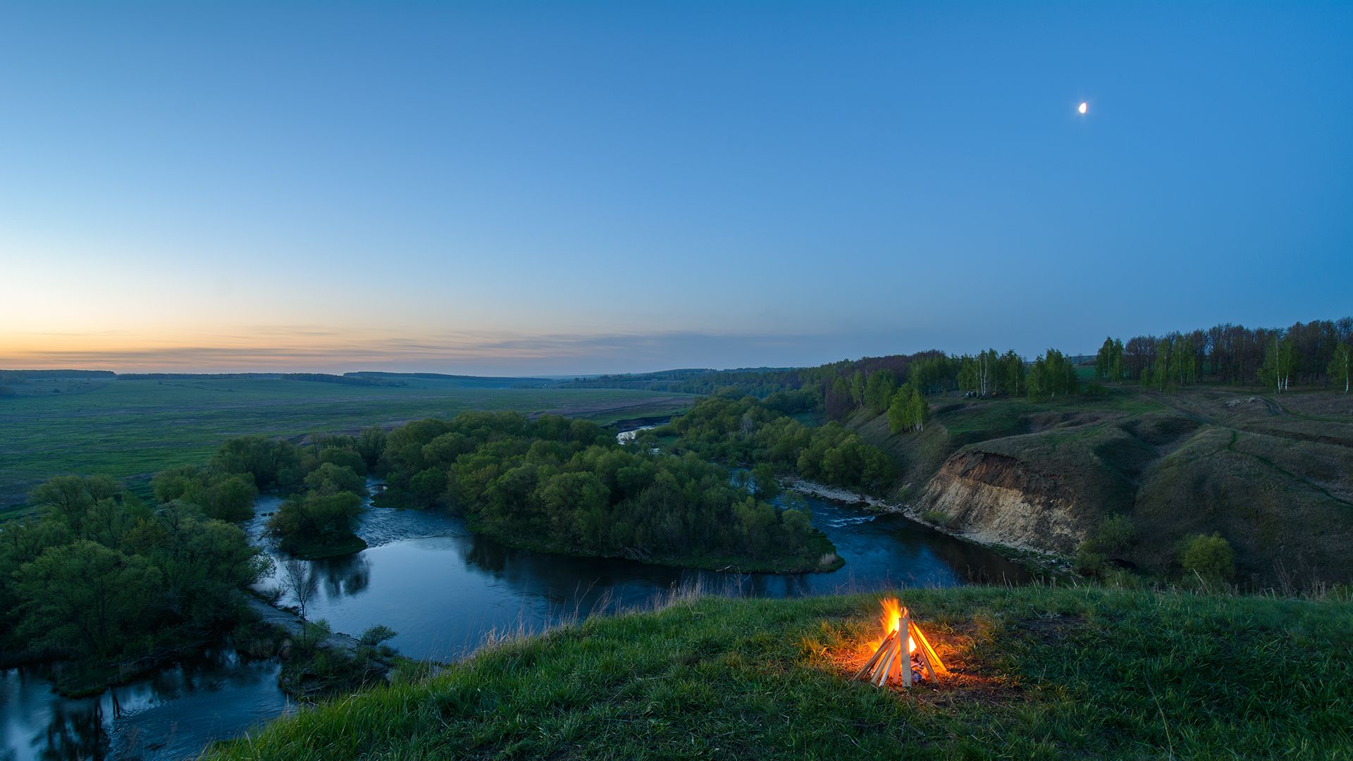 nature, Landscape, Moon, River, Trees, Clear sky, Hills, Campfire, Forest, Morning, Sunrise, Long exposure, Grass Wallpaper HD / Desktop and Mobile Background