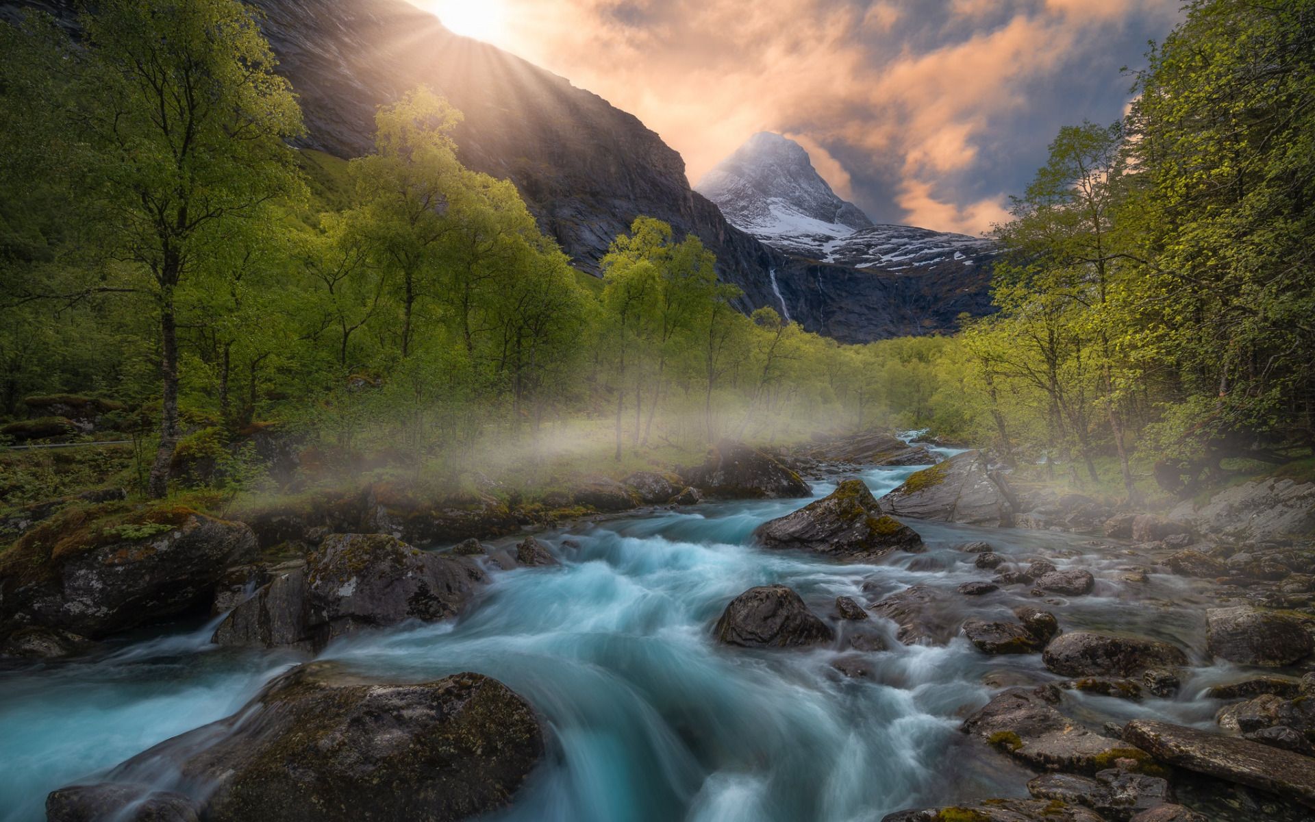 Download wallpaper Romsdalen Valley, mountain river, mountain landscape, rocks, forest, morning, sunrise, Norway for desktop with resolution 1920x1200. High Quality HD picture wallpaper