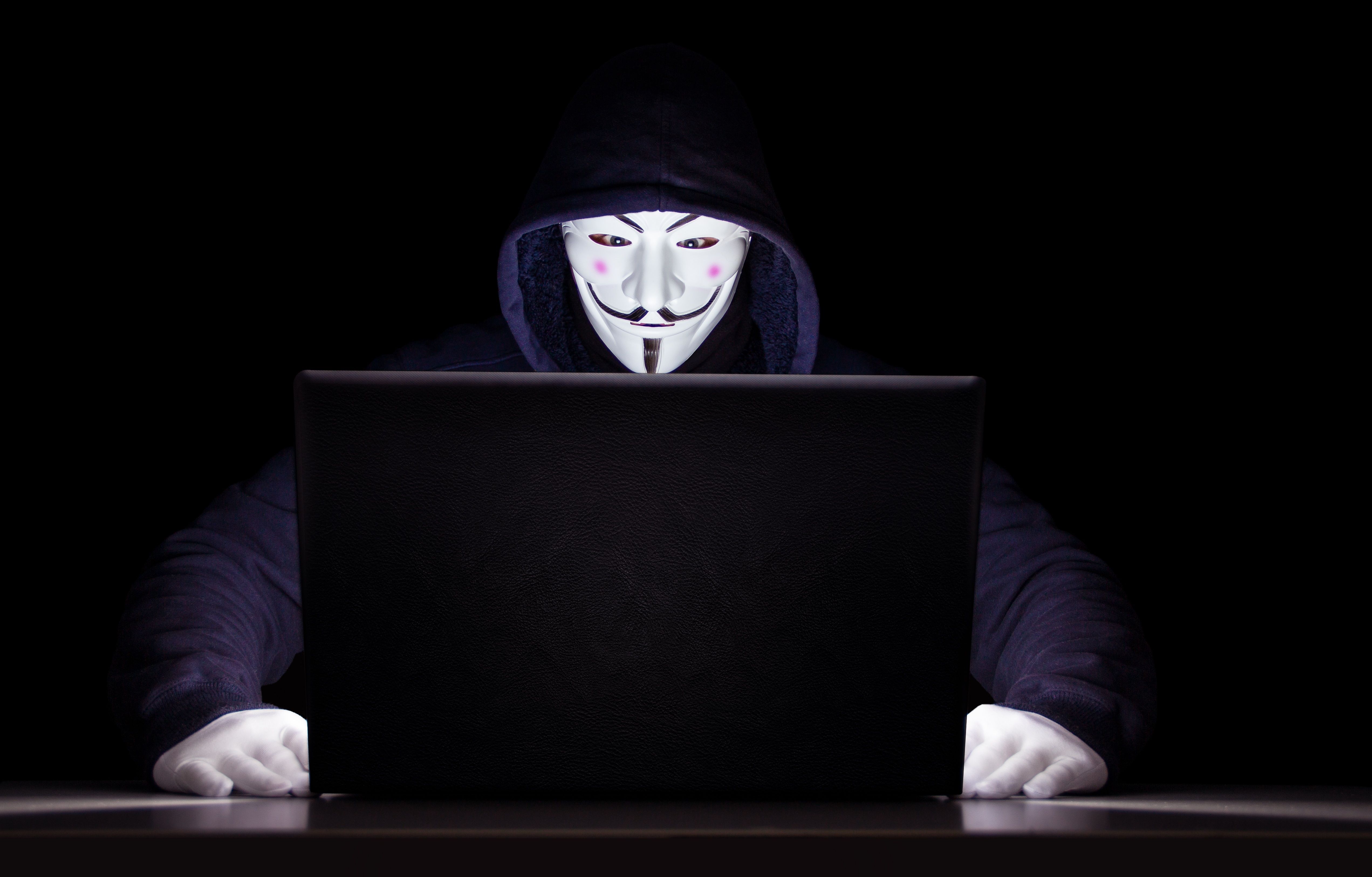 Anonymous 4K Wallpaper, Hacker, Laptop, Black background, 5K, Technology