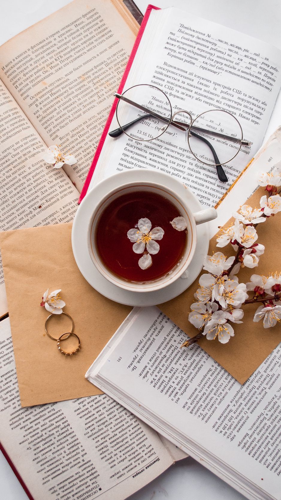 Download Wallpaper 938x1668 Books, Cup, Flowers, Glasses, Rings Iphone 8 7 6s 6 For Parallax HD Background