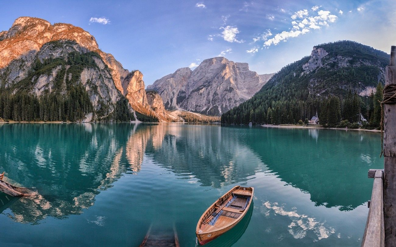 Wallpaper, landscape, forest, mountains, boat, sea, Italy, bay, lake, water, nature, reflection, vehicle, morning, turquoise, summer, fjord, church, canoe, reservoir, boating, loch, mountain range 1300x812