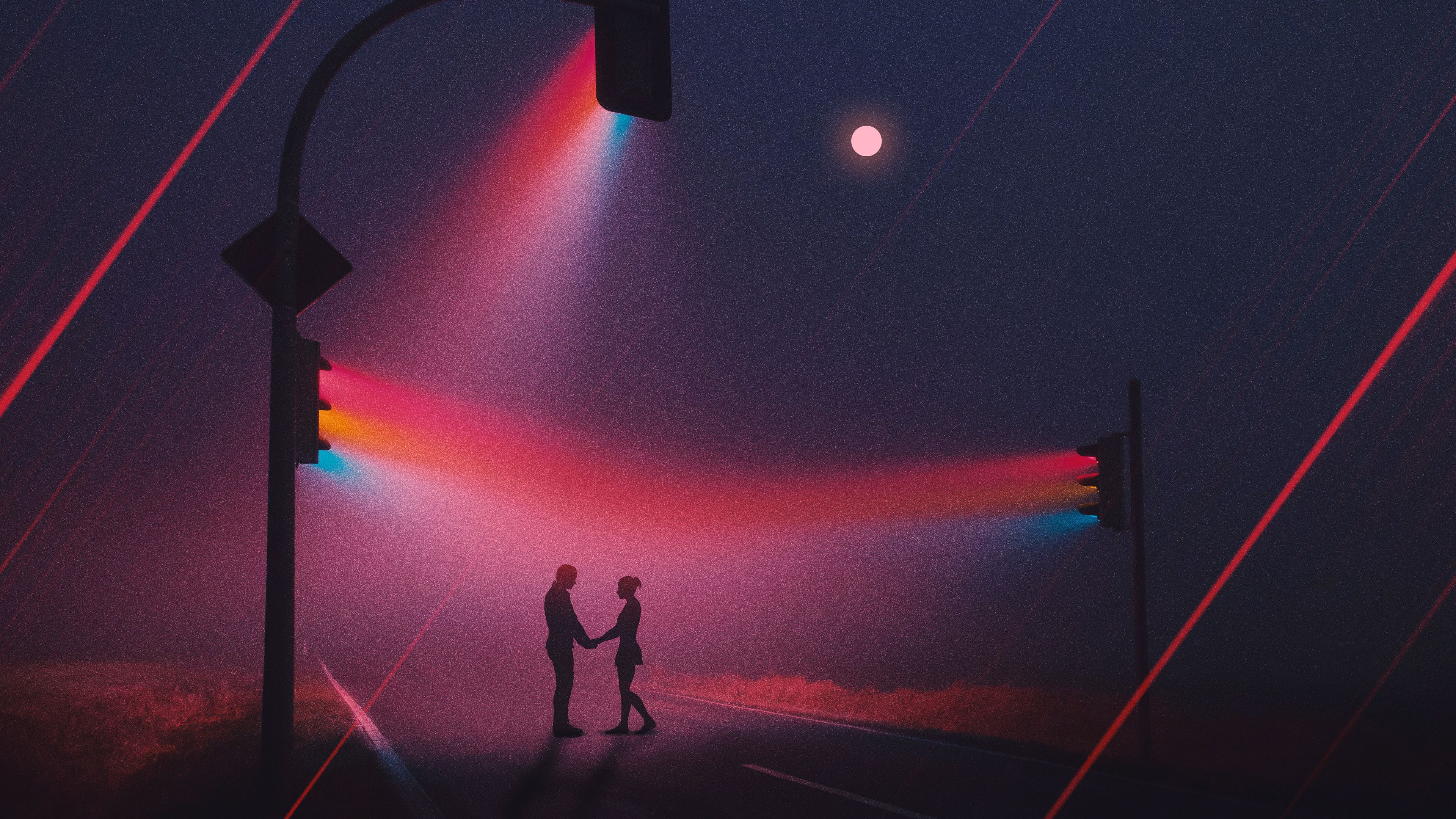 Couple 4K Wallpaper, Silhouette, Traffic lights, Night, Romantic, Focus, Spectrum, Moon, Road, Love
