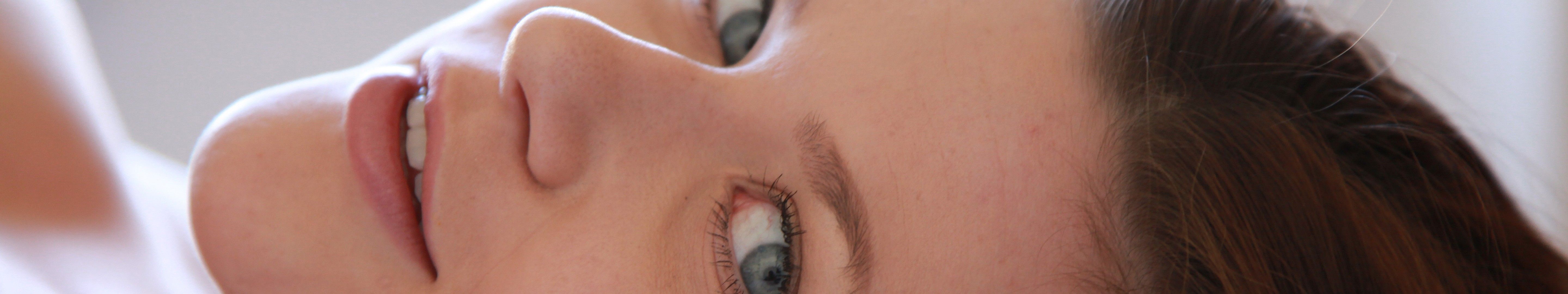 Triple Screen Women Wide Angle Face Blue Eyes Brunette Wallpaper:5760x1080