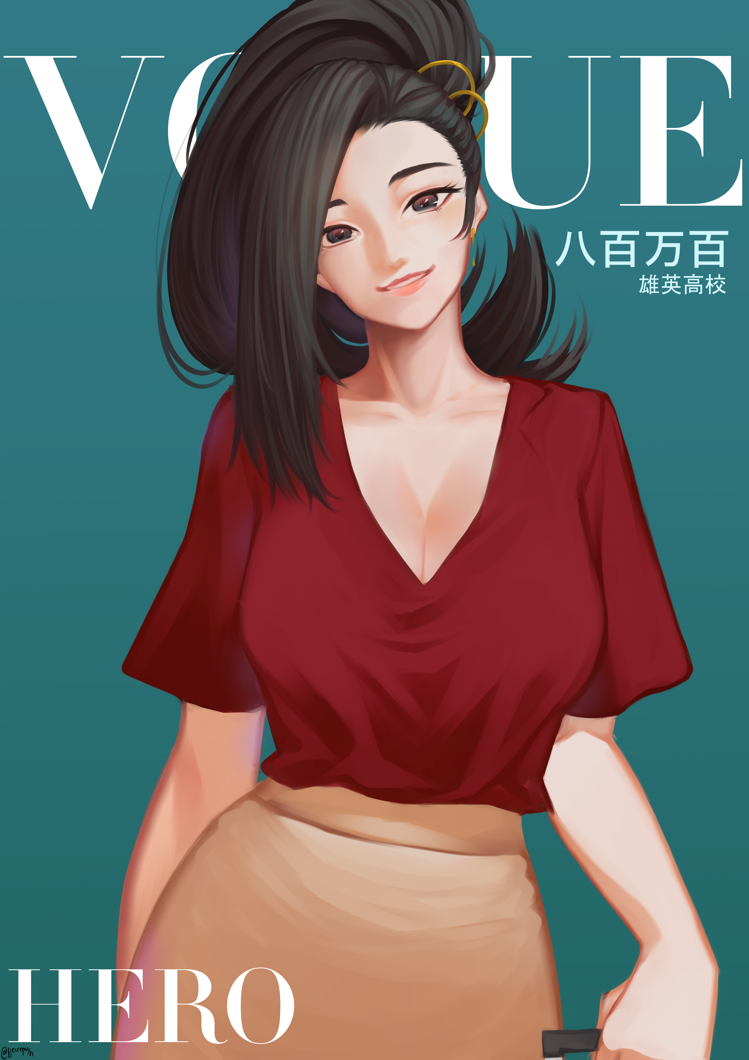 Boku No Hero Academia Anime Girls Yaoyorozu Momo Portrait Black Hair Red T Shirt Smiling Ponytail Bl Wallpaper:2893x4092