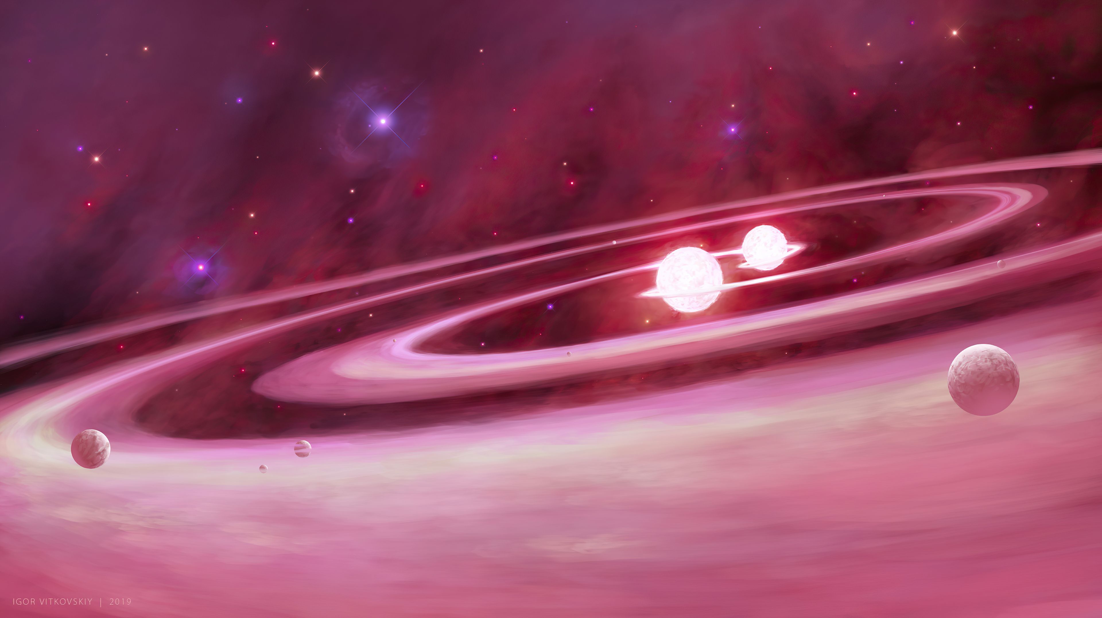 Pink Planet Space Stars Wallpaper:3840x2154
