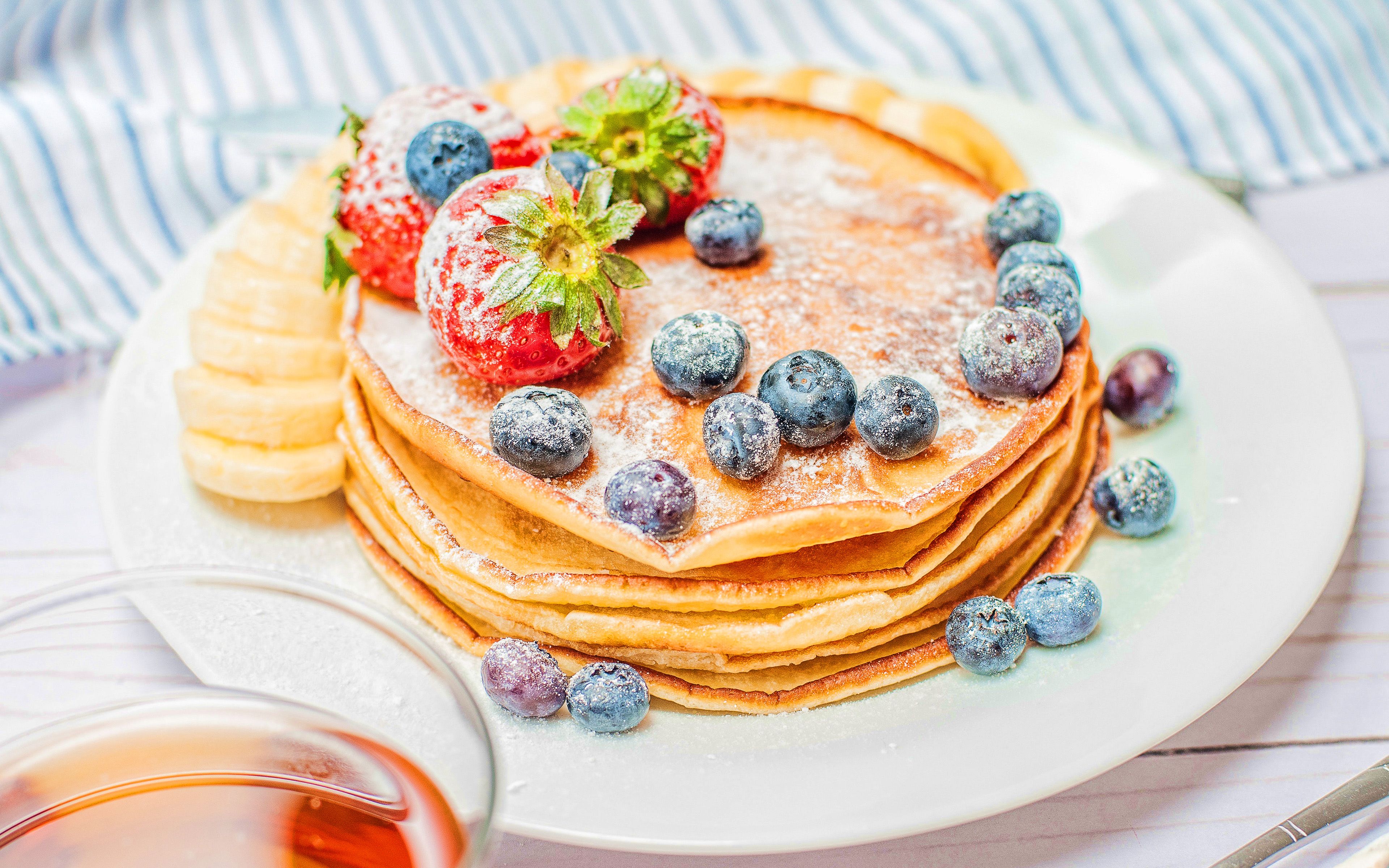 Download wallpaper pancakes, 4k, berries, fruits, breakfast, healthy food, pancakes on plate for desktop with resolution 3840x2400. High Quality HD picture wallpaper