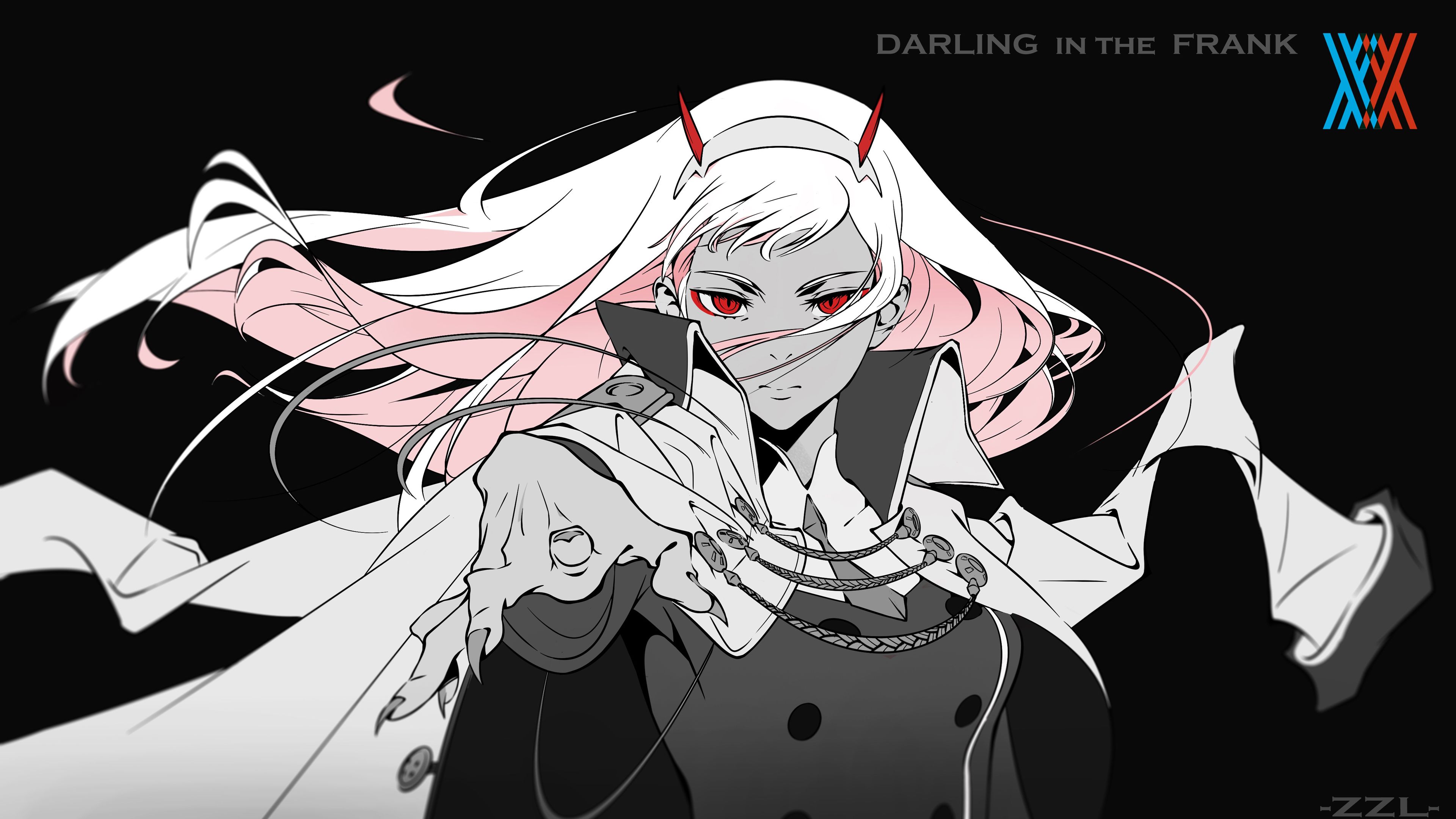 Darling In The FranXX Red Eyes Zero Two With Black Background 4K HD Anime Wallpaper