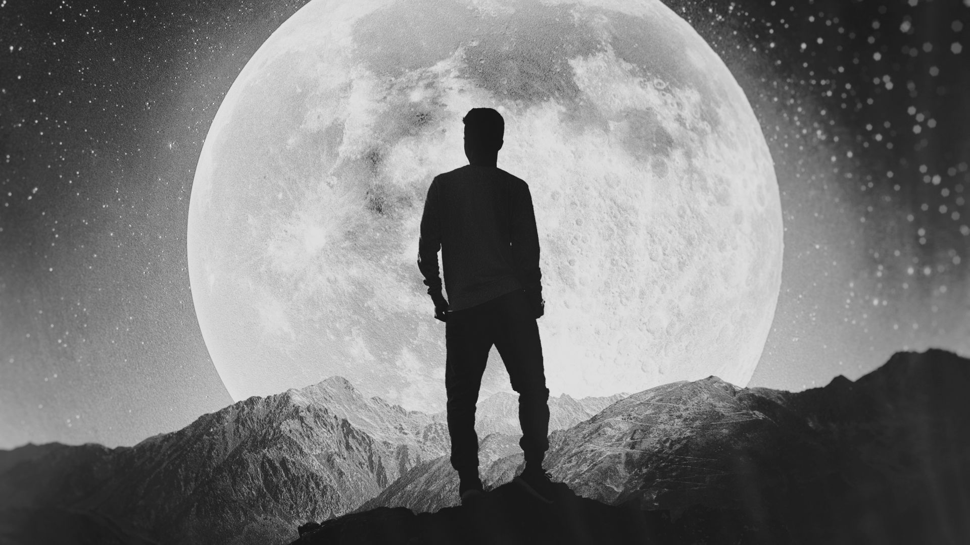 Desktop wallpaper moon, silhouette, alone, explorer, man, mountains, HD image, picture, background, 3f43ee