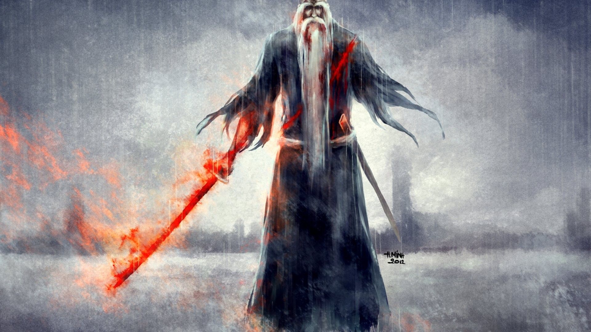 An old man with a flaming sword, the artist NanFe wallpaper and image, picture, photo