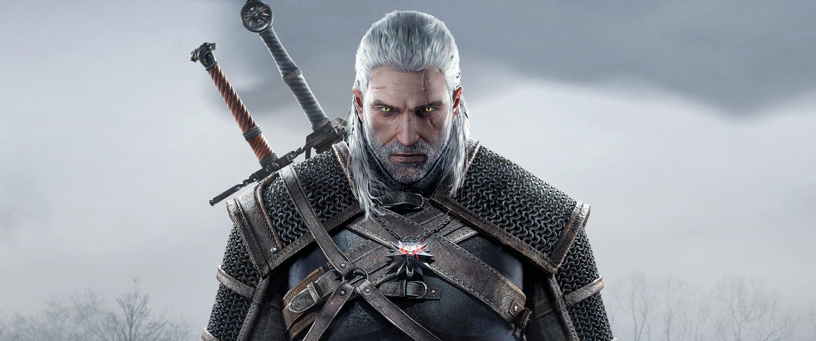 Wallpaper, 3440x1440 px, Geralt of Rivia, men, sword, The Witcher, The Witcher 3 Wild Hunt, ultra, video games, white hair, wide 3440x1440