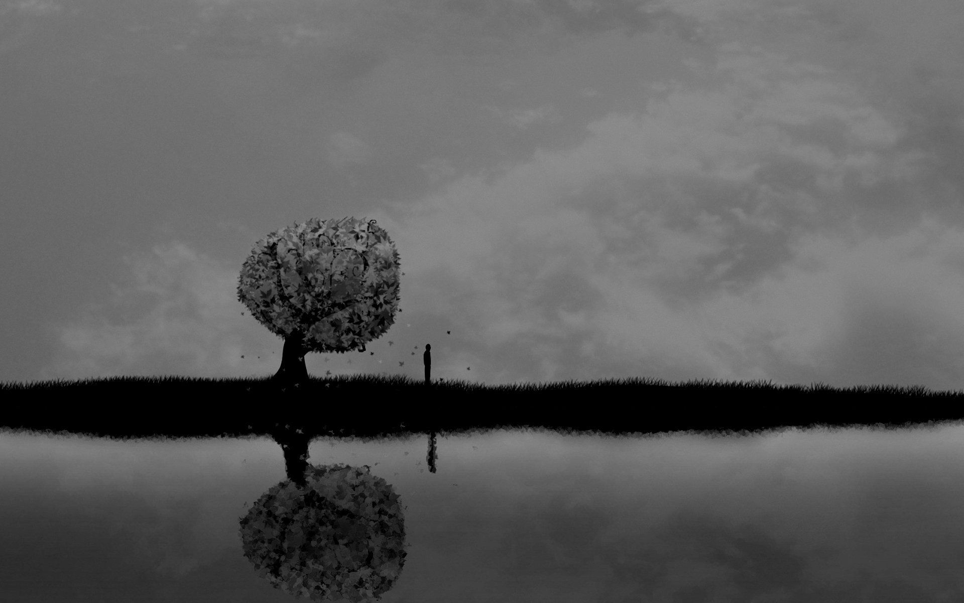 Dark horror mood alone sad sorrow vector art lakes reflection trees people sky clouds wallpaperx1200