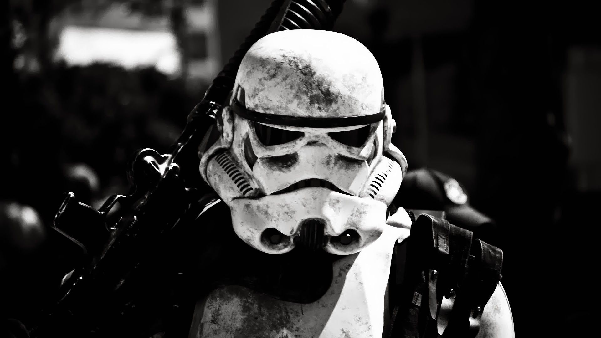 Wallpaper, Star Wars, soldier, helmet, science fiction, dirt, stormtrooper, Galactic Empire, photograph, darkness, black and white, monochrome photography, film noir 1920x1080