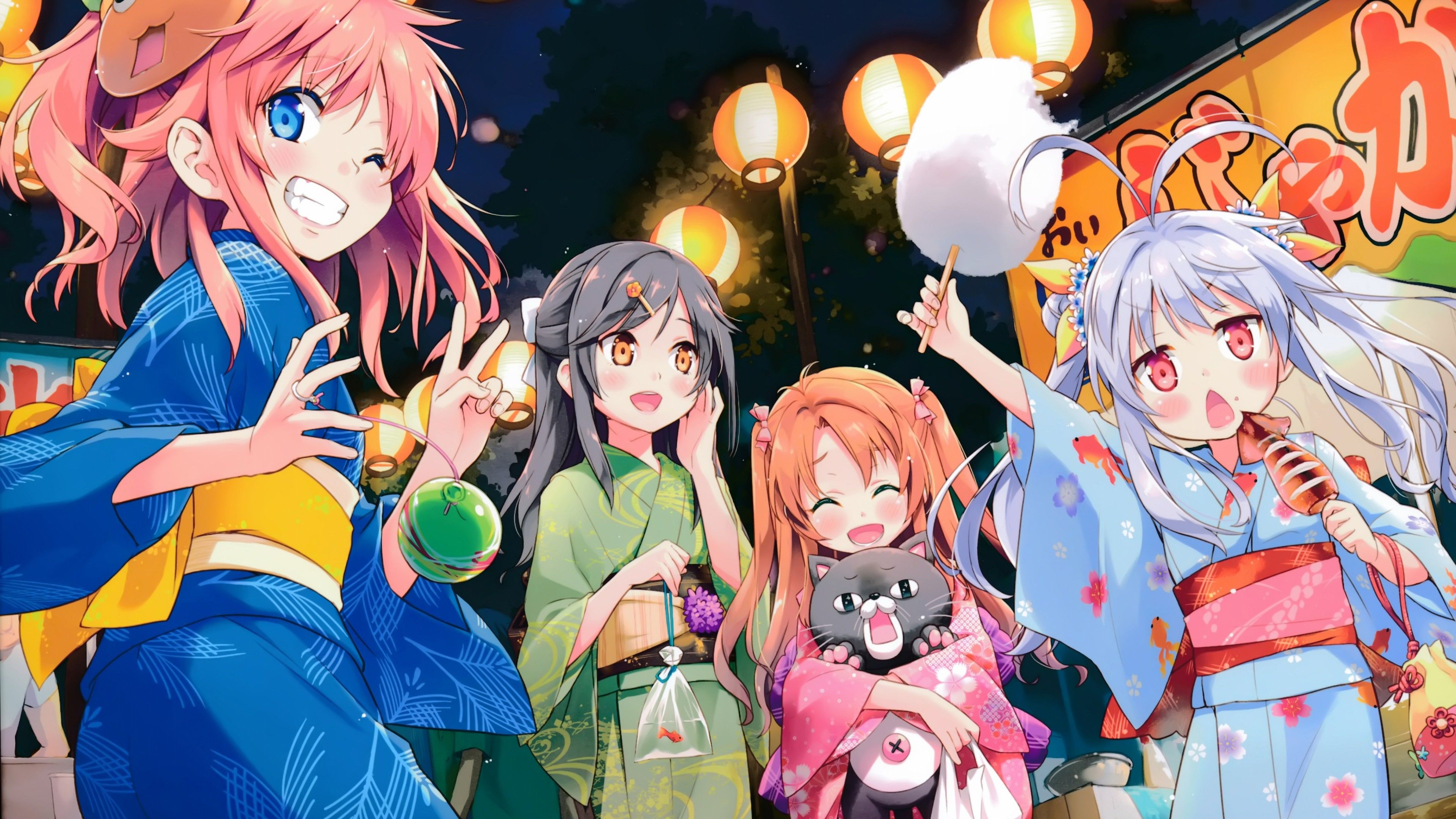 Download 3840x2160 Non Non Biyori, Ichijou Hotaru, Miyauchi Renge, Koshigaya Komari, Festival, Kimono Wallpaper for UHD TV