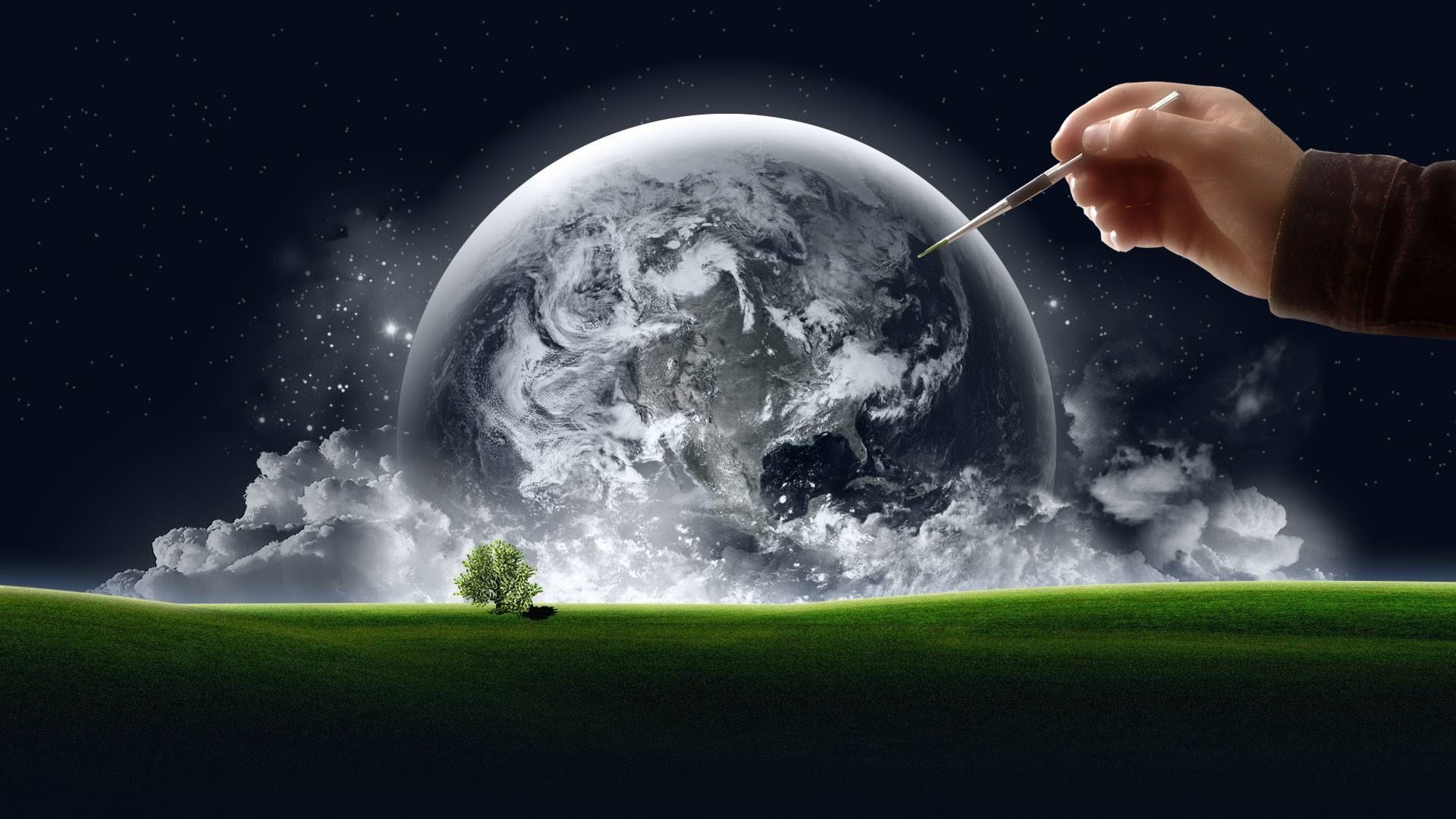 Clouds Trees Stars World Hands Grass Earth Artwork 1920x1080px Wallpaper Background #clouds Clip Art. Background picture, Amazing HD wallpaper, Full moon image