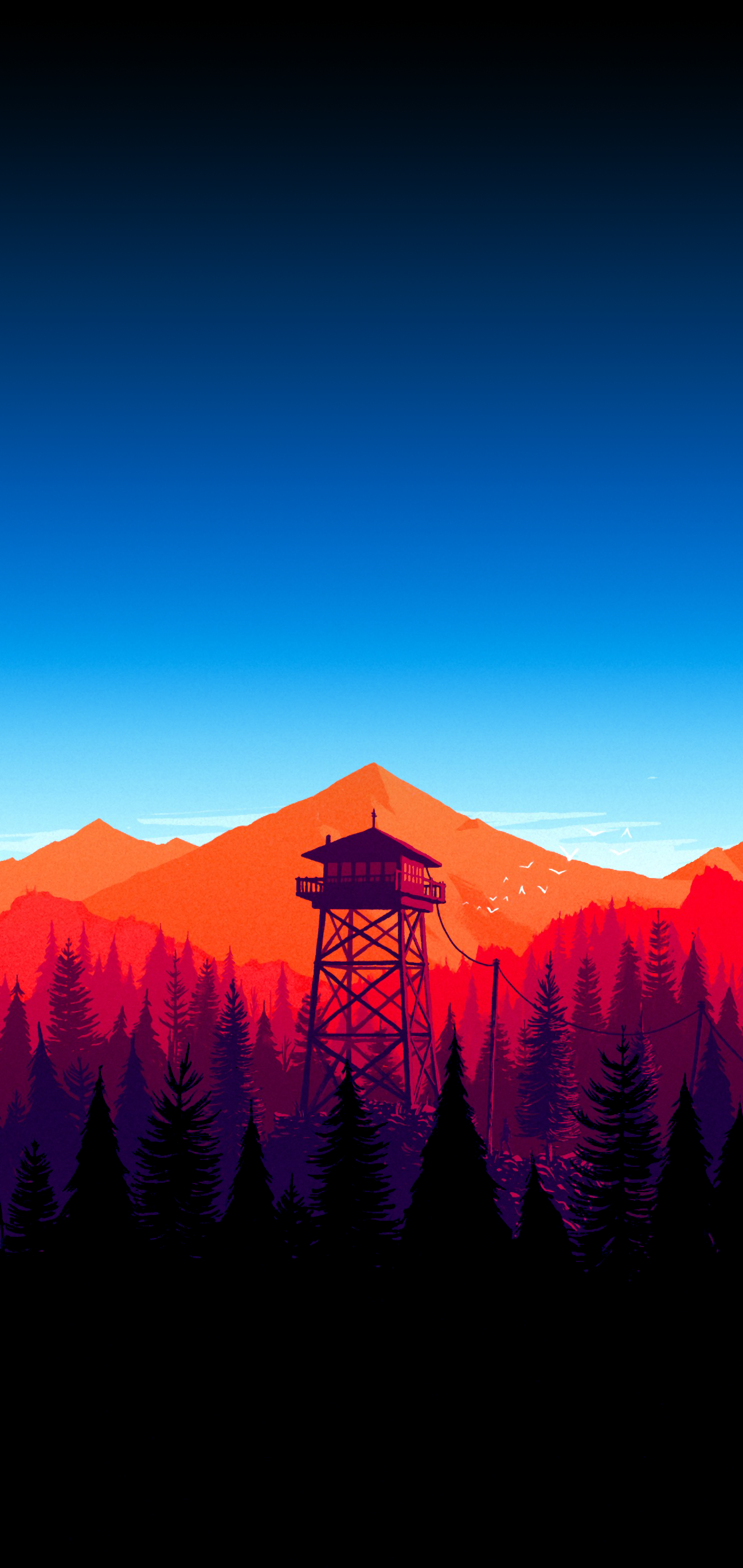 Set Of Perfectly Aligned Firewatch AMOLED Wallpaper For Your Phone! You Can Put One On Your Lock Screen And The Other On Your Home Screen To Create A Cool Day Night Cycle Effect!