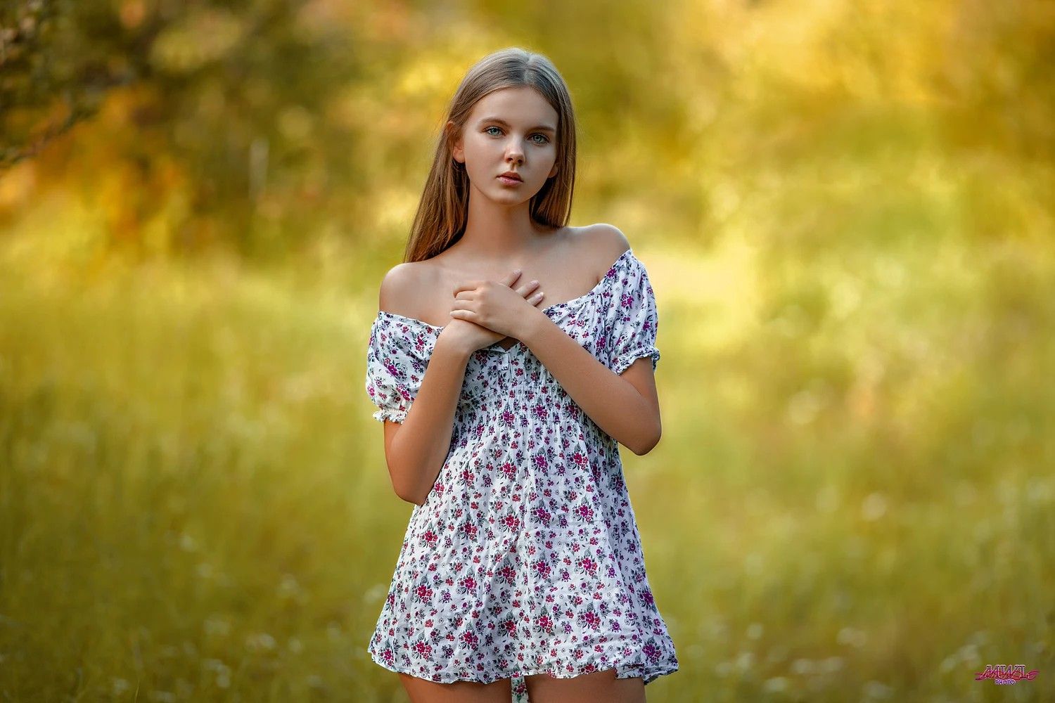 Wallpaper, bare shoulders, blue eyes, women outdoors, straight hair, blonde, looking at viewer, model, portrait, depth of field, standing, minidress, summer dress 1500x1000