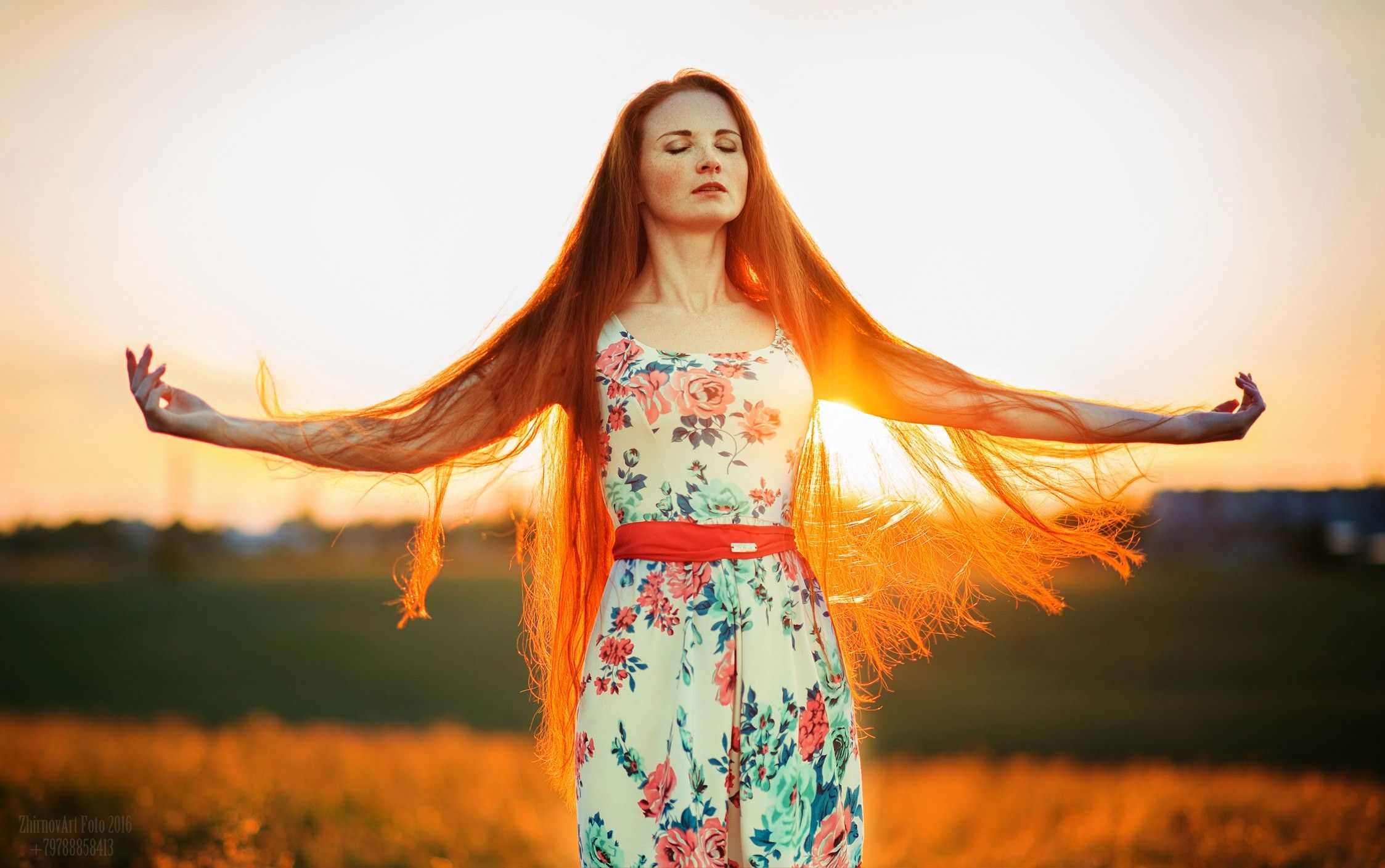 Wallpaper, women outdoors, redhead, model, long hair, closed eyes, red, photography, freckles, fashion, summer dress, spring, clothing, Ilya Zhirnov, color, flower, girl, beauty, woman, lady, fun, costume, photo shoot 2247x1409