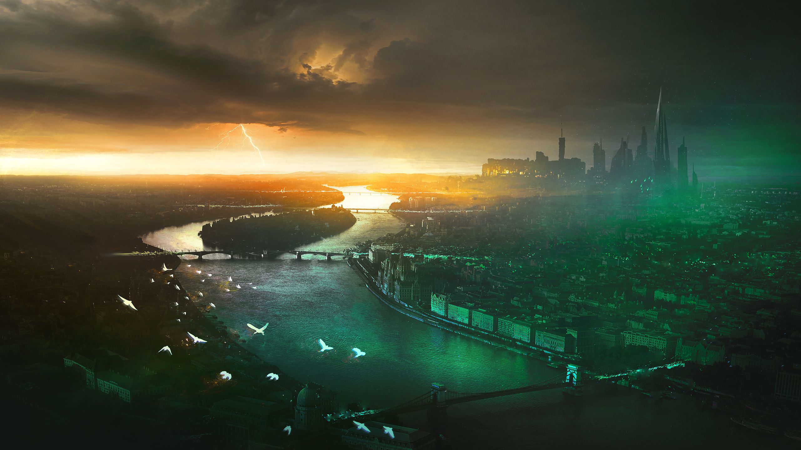 Green City Birds Sky Storm Clouds, HD Artist, 4k Wallpaper, Image, Background, Photo and Picture