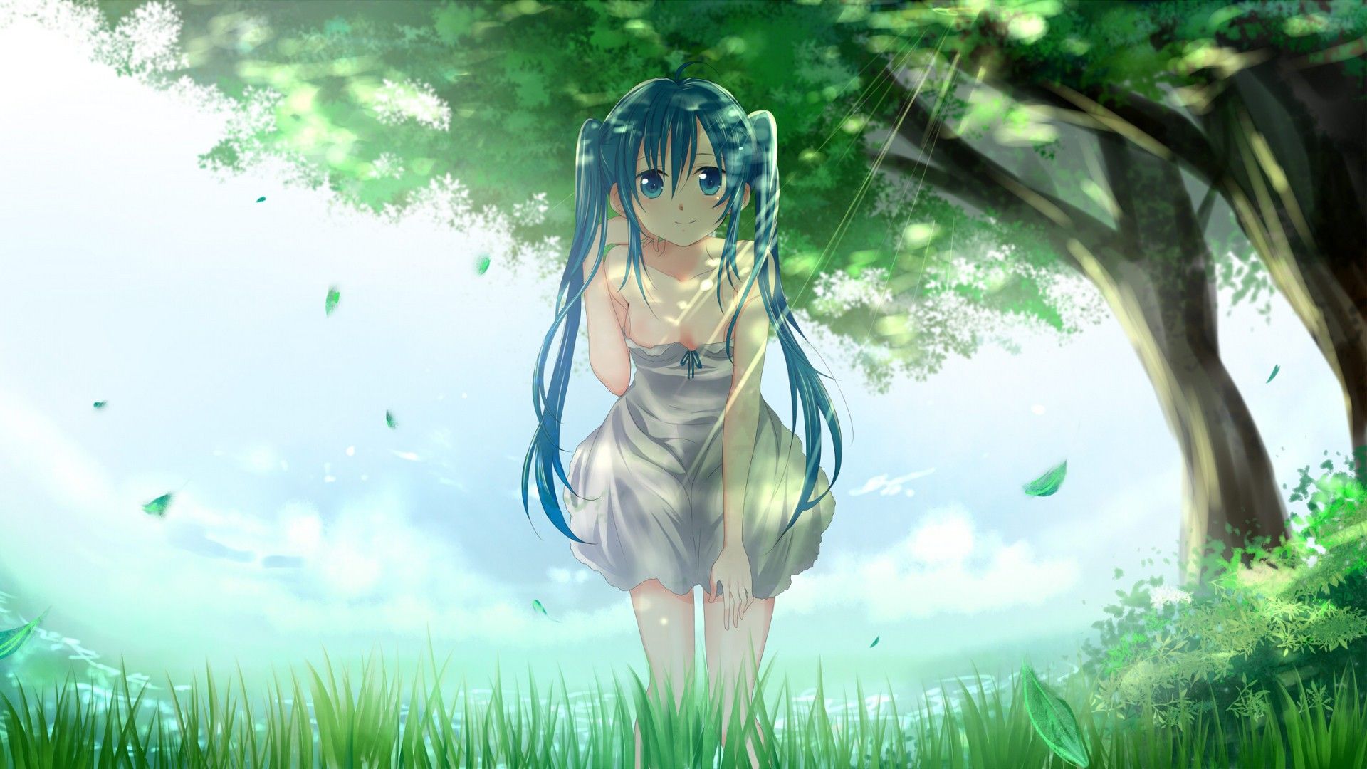 trees, Vocaloid, Hatsune Miku, grass, twintails, aqua hair, anime girls, summer dress wallpaper