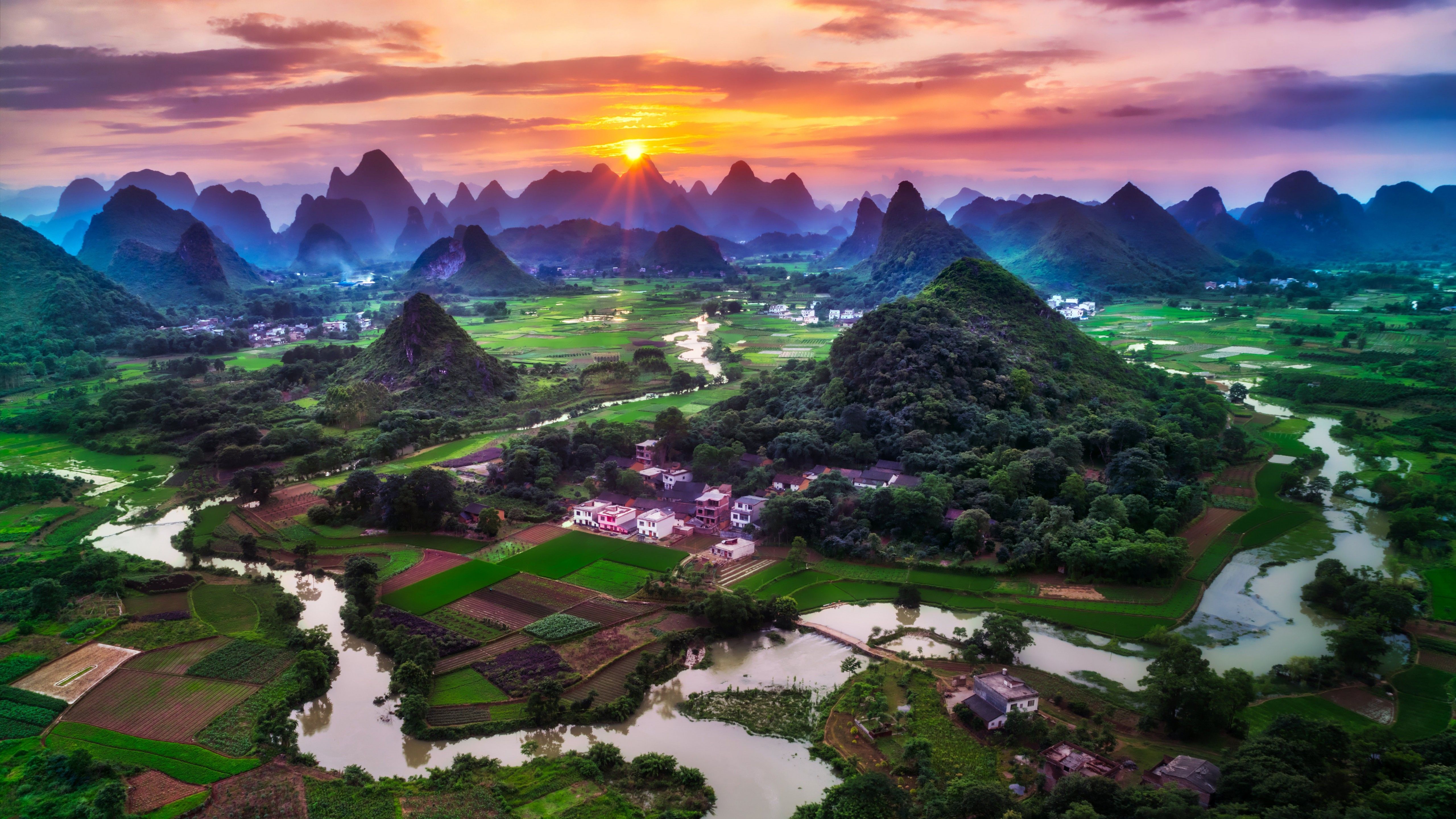 Guilin City Wallpaper 4K, China, Sunset, Beautiful, Green Fields, Village, Nature
