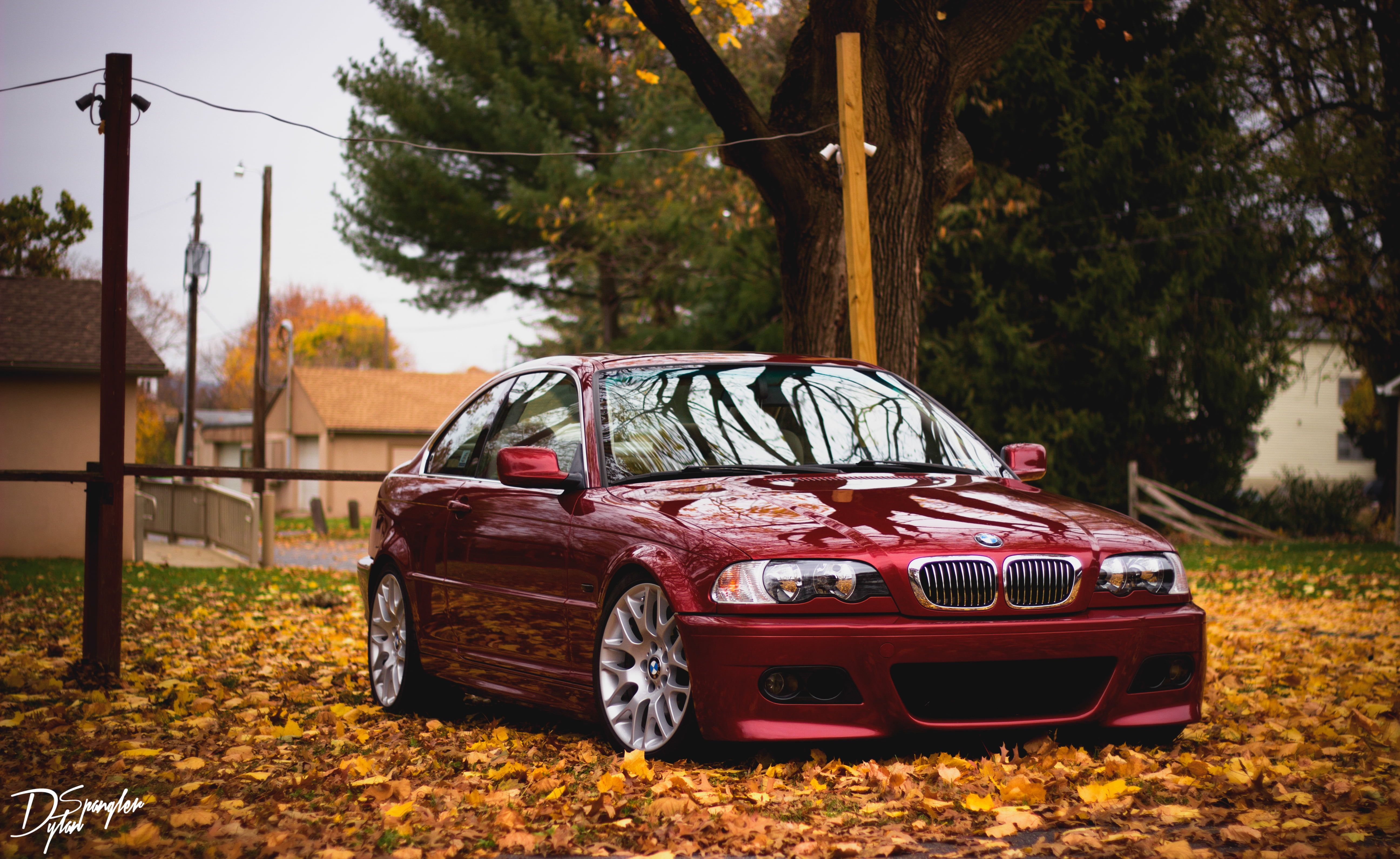red BMW E46 sedan #bmw #red side view #foliage #autumn K #wallpaper #hdwallpaper #desktop. Bmw e46 sedan, Bmw red, Bmw