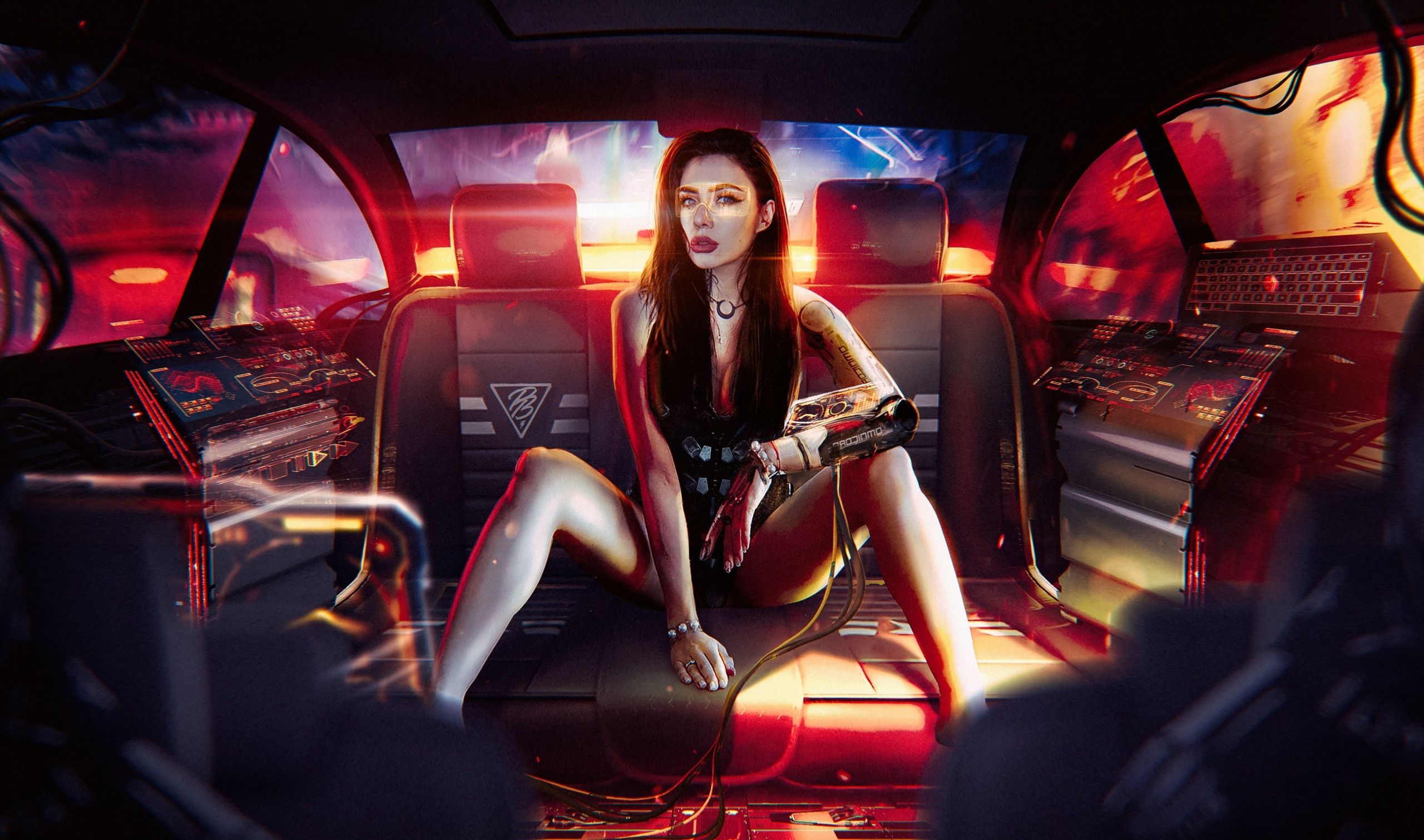 Wallpaper, women, brunette, looking at viewer, long hair, fantasy girl, cyborg, futuristic, cyberpunk, sitting, bodysuit, inside a car, vehicle interiors, Photohop, artwork, photo manipulation, digital art, lens flare, bokeh, Pavel Bondarenko