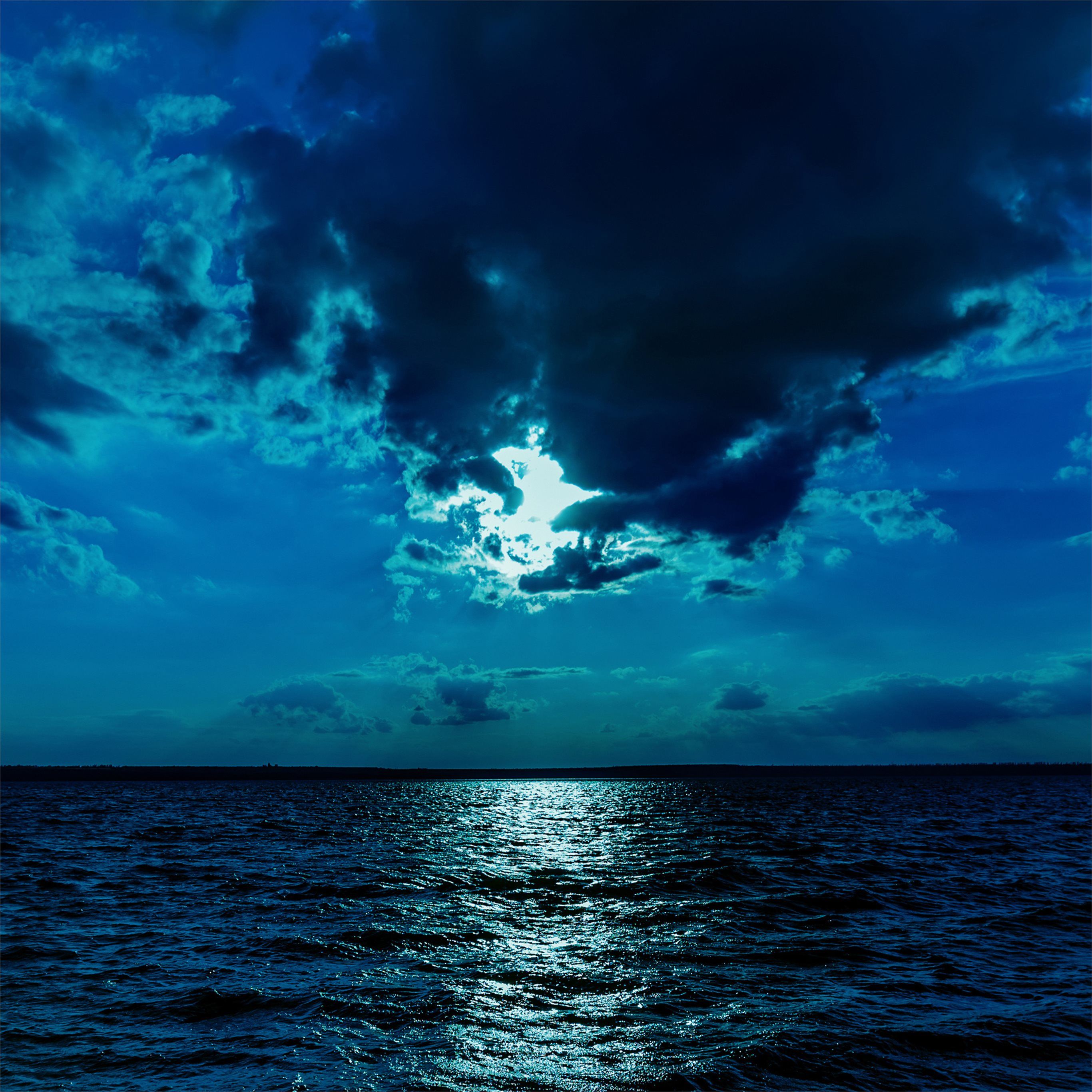 night moon sea sky blue 4k iPad Wallpaper Free Download