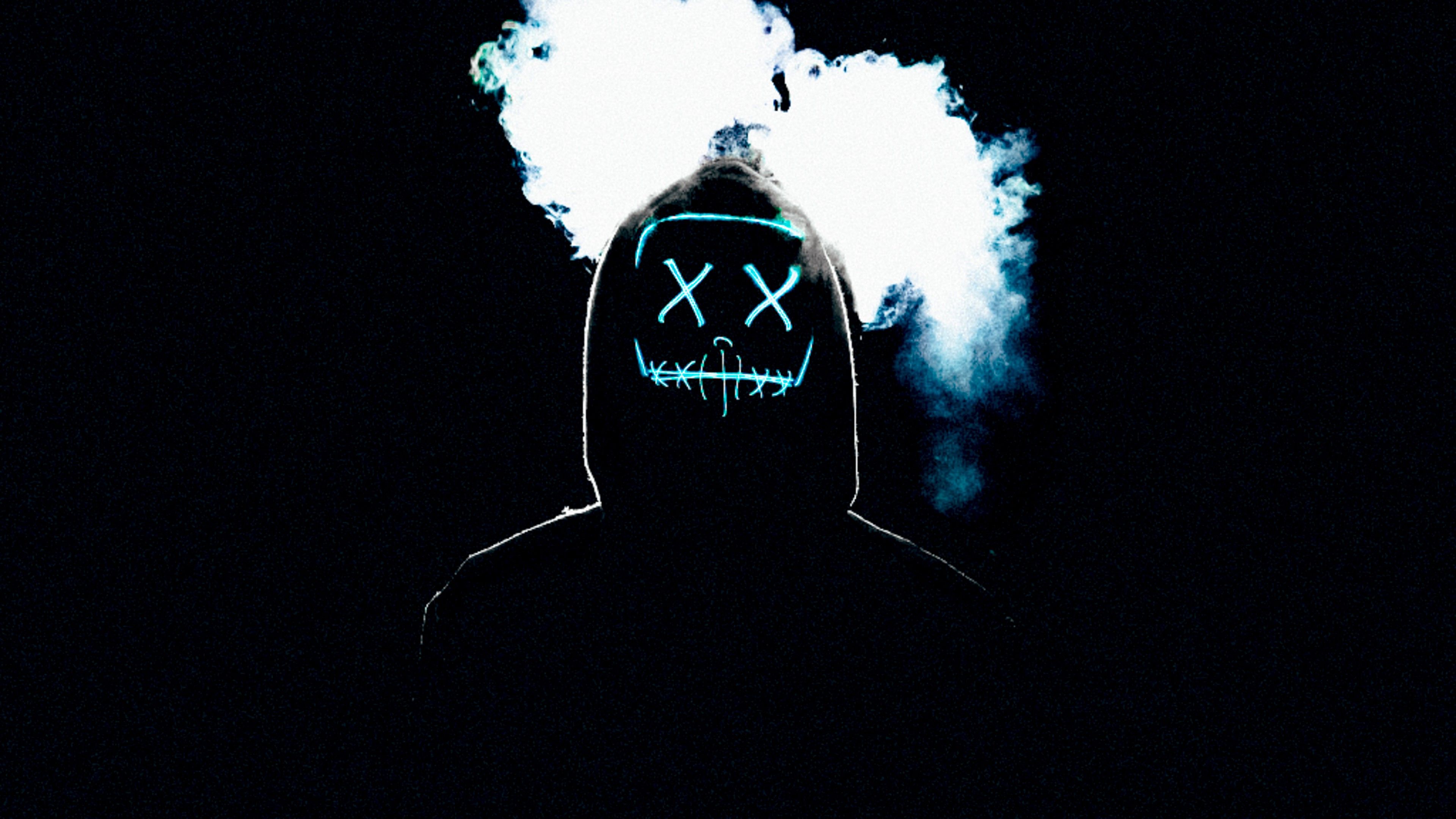 Man 4K Wallpaper, LED mask, AMOLED, Smoke, Black background, Anonymous, Photography
