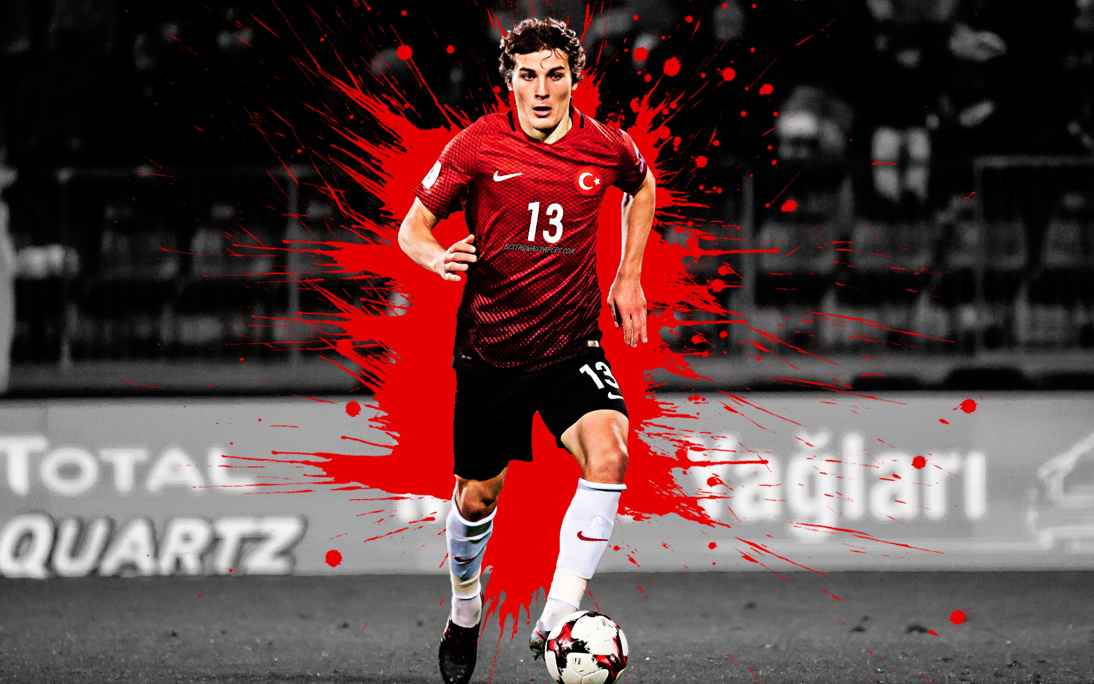 Download wallpaper Caglar Soyuncu, 4k, Turkey national football team, art, splashes of paint, grunge art, turkish footballer, creative art, Turkey, football for desktop with resolution 3840x2400. High Quality HD picture wallpaper