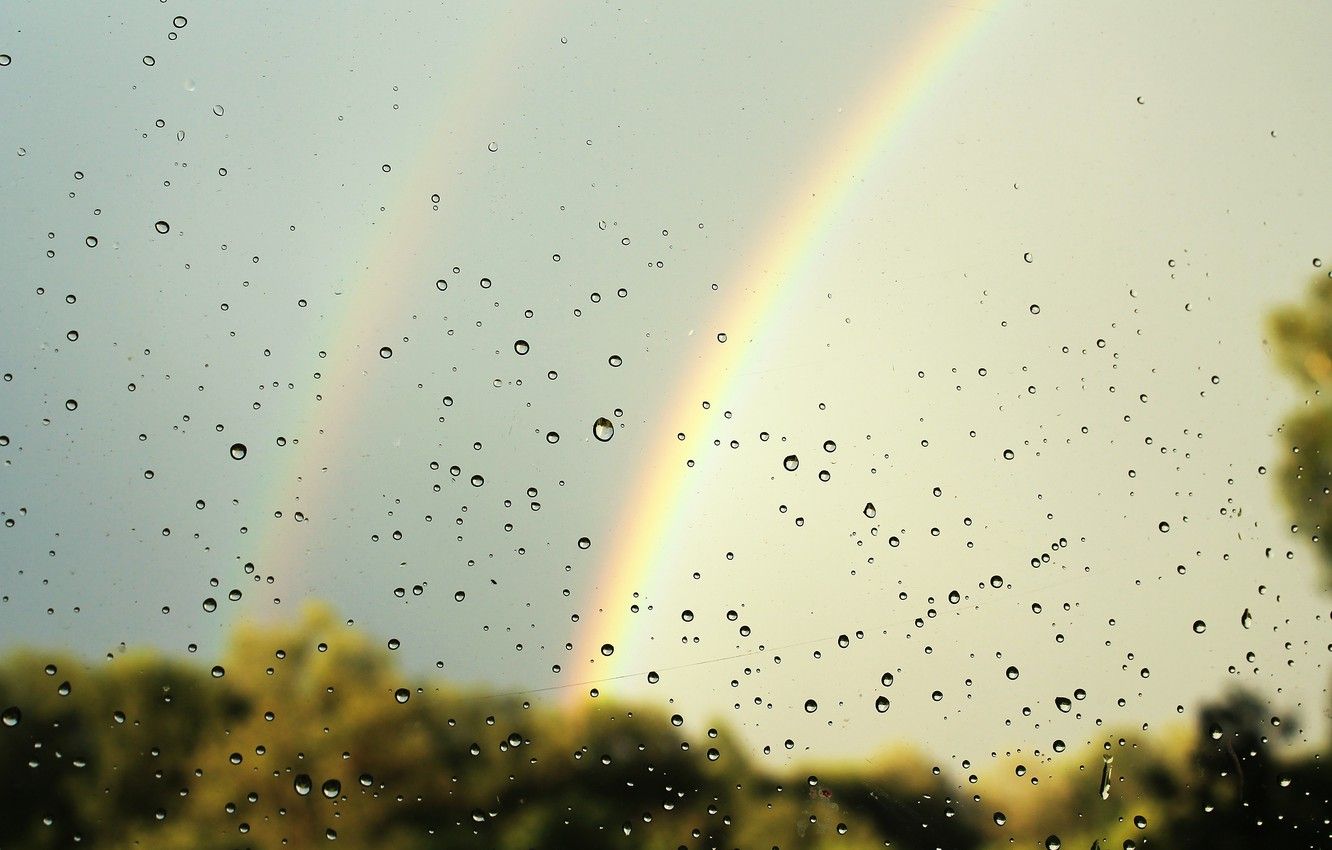 Wallpaper summer, water drops on glass, double rainbow, rain mushroom image for desktop, section природа