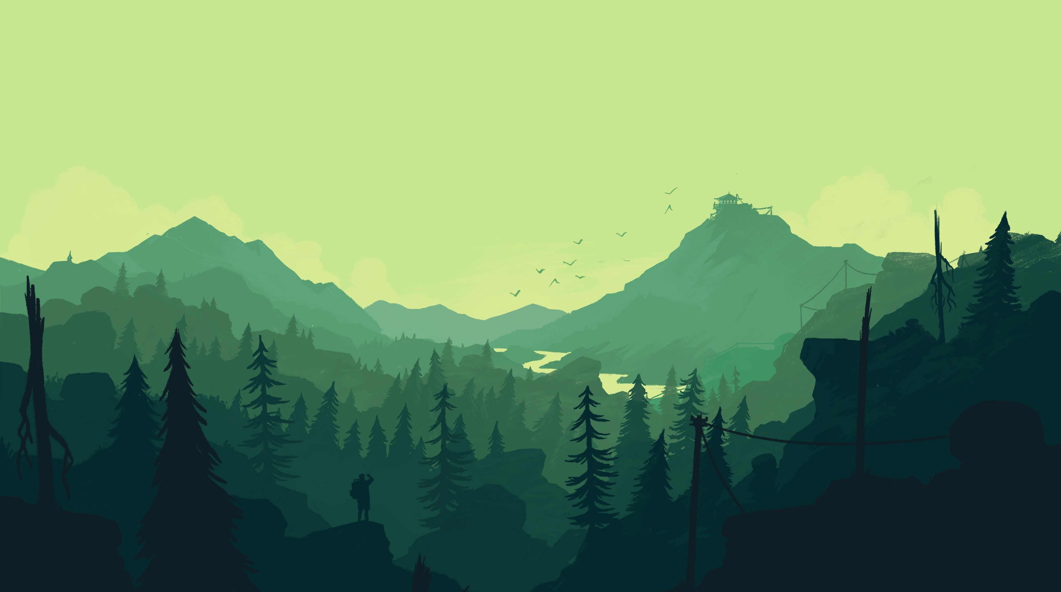 Mountains #Firewatch #Green #Forest K #Minimal K #wallpaper #hdwallpaper #desktop. Aesthetic desktop wallpaper, Nature wallpaper, Wallpaper background
