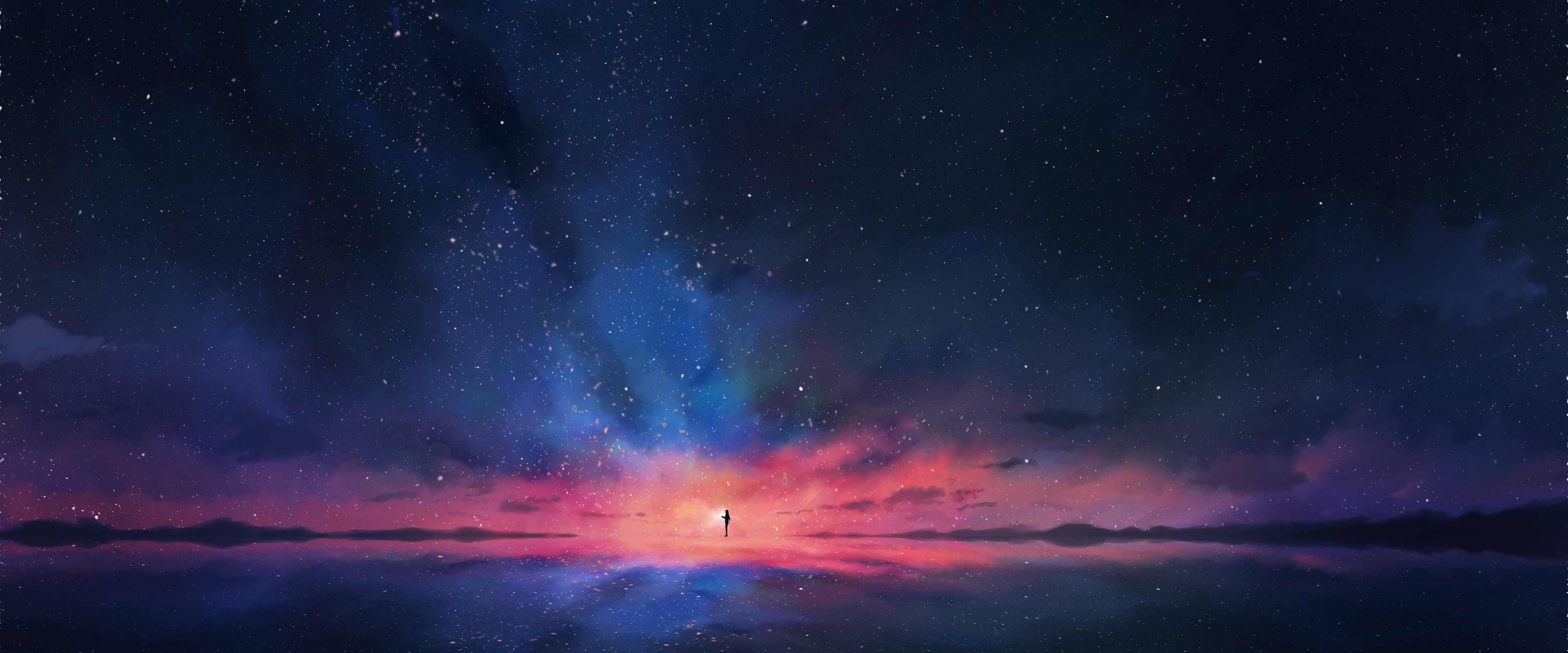 Anime Night Sky Stars Horizon Scenery 4K Wallpaper